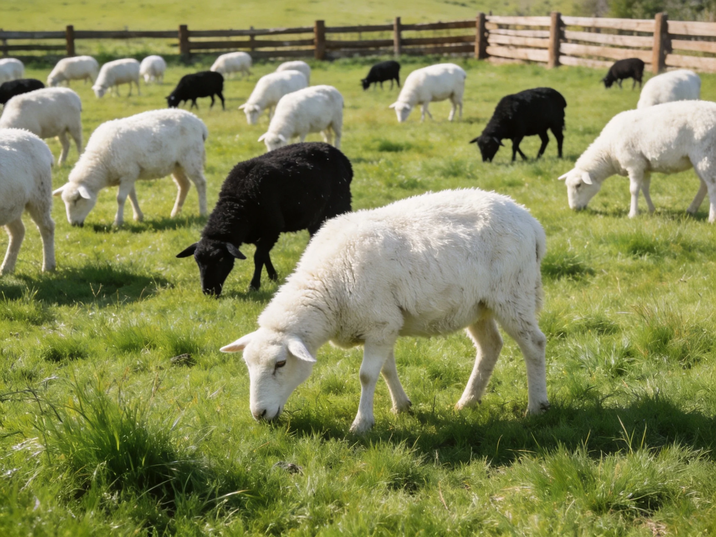Black and white sheep graze in a sunlit pasture with wood fencing.