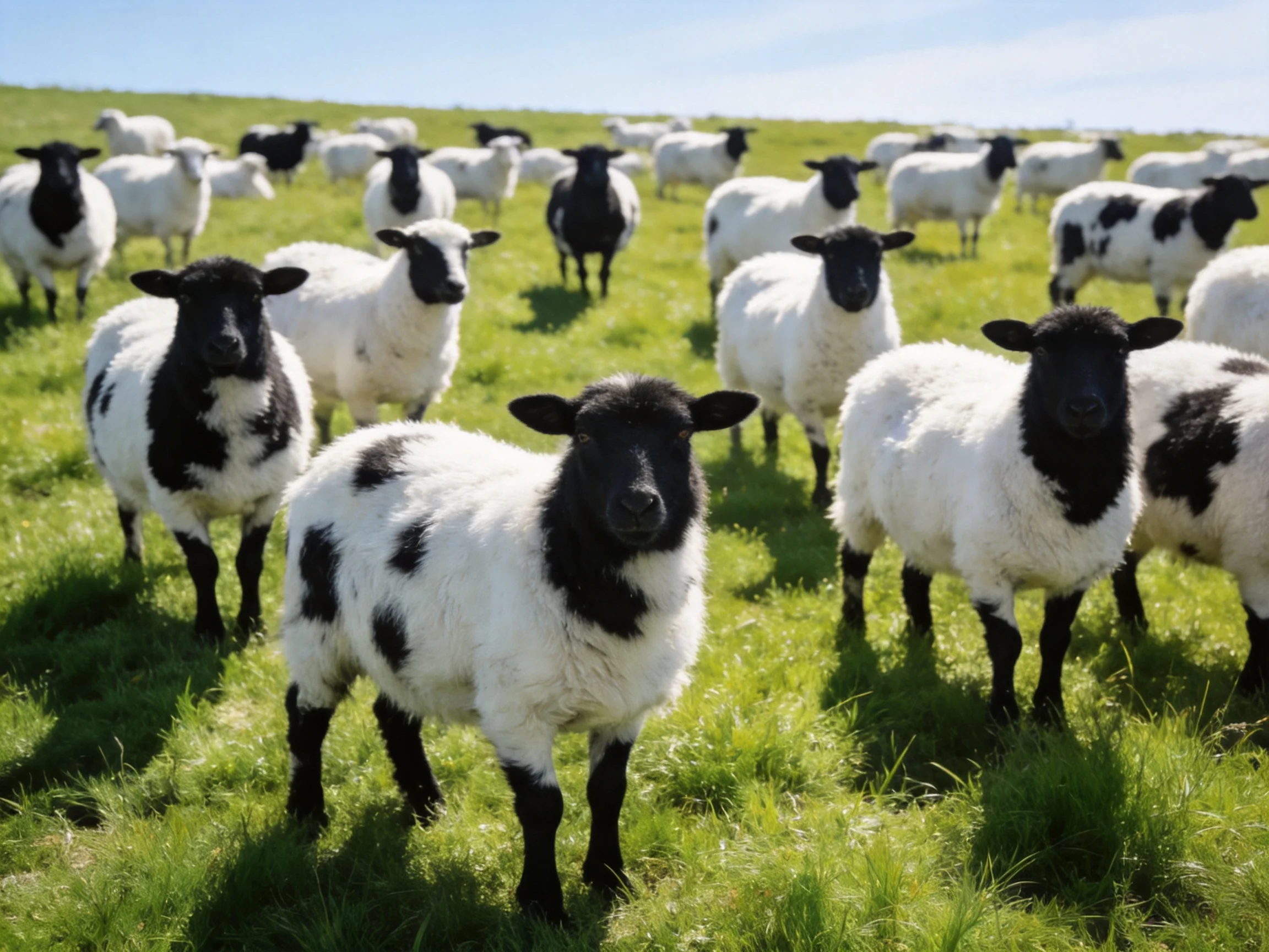 Black-and-white sheep grazing in a lush green pasture