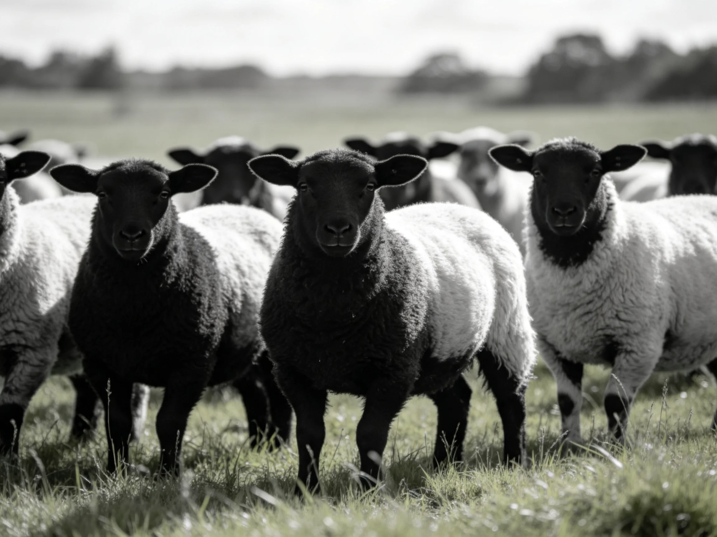 Black and white sheep in a grassy field