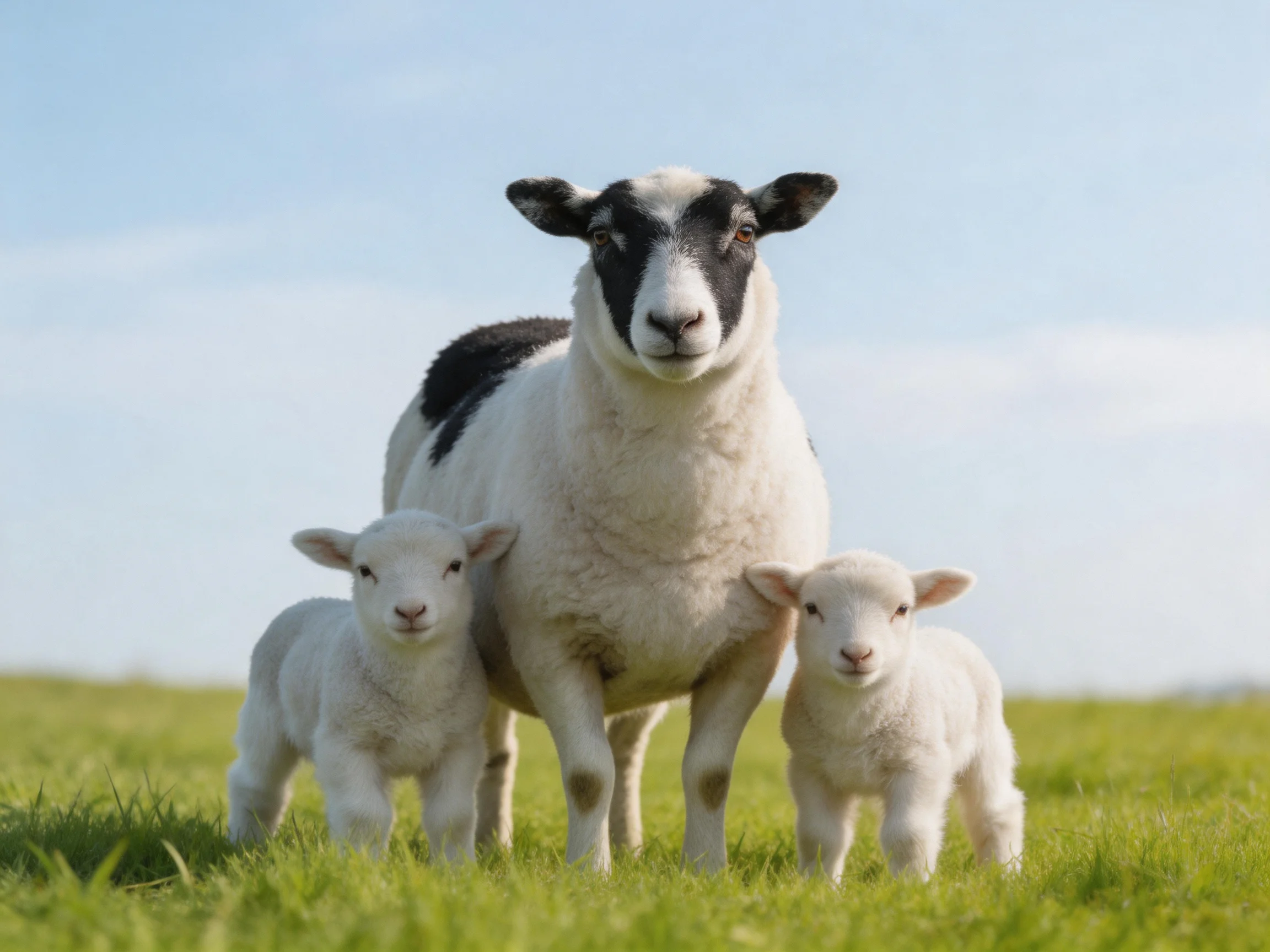 Black-and-white sheep with two lambs in a green meadow