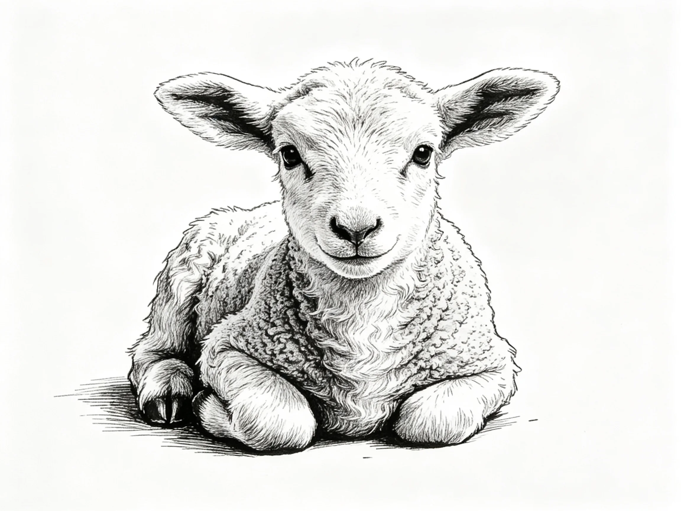 Black - and - white sketch of a young lamb resting