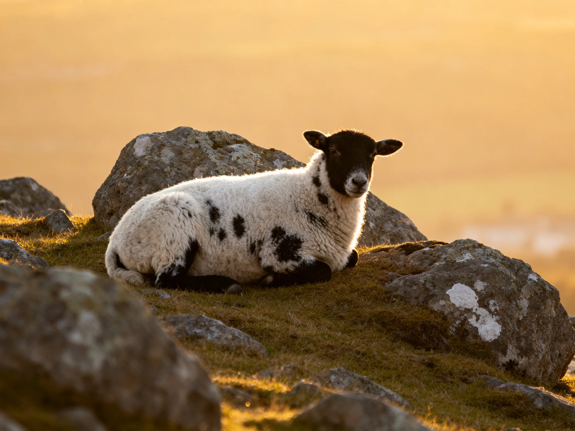 Black - and - white spotted lamb resting on rocky terrain under golden light