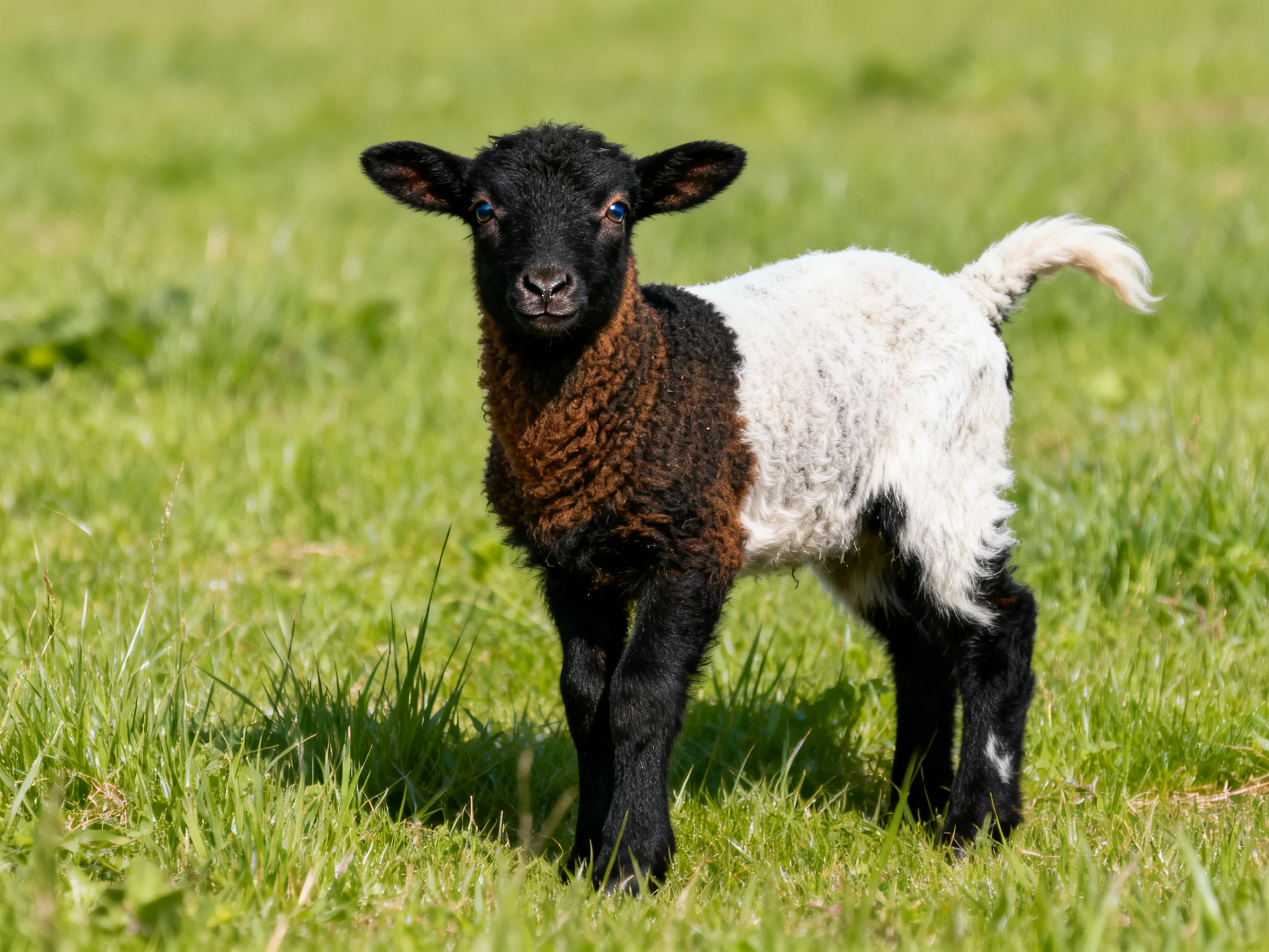 Black, brown, and white lamb in sunlit green meadow