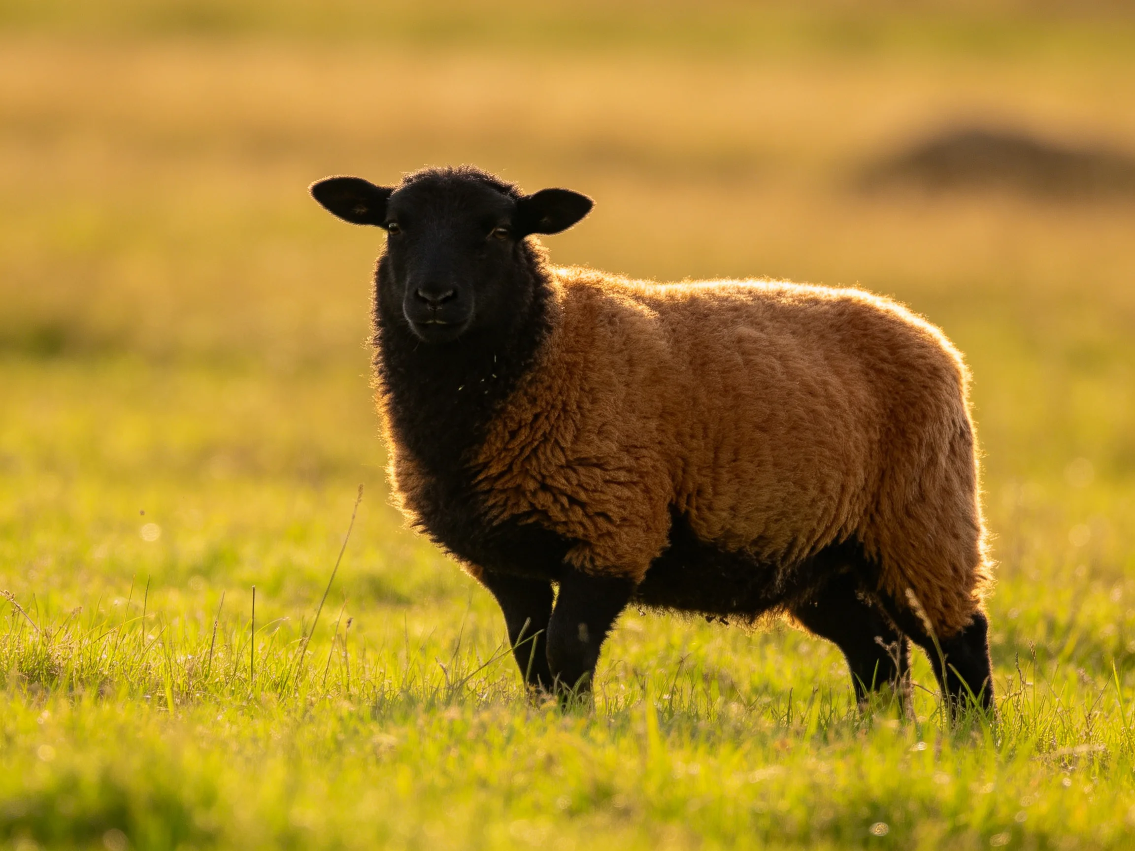 Black-faced brown sheep in sunlit green meadow
