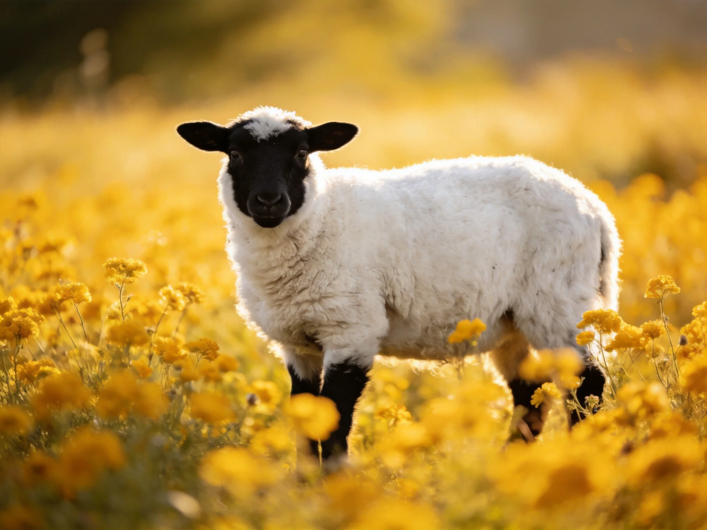 Black-faced lamb amid golden wildflower field