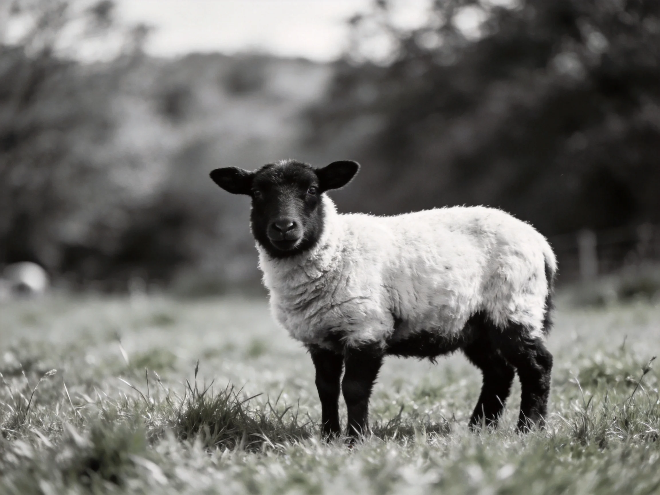 Black-faced lamb in a grassy field with blurred trees