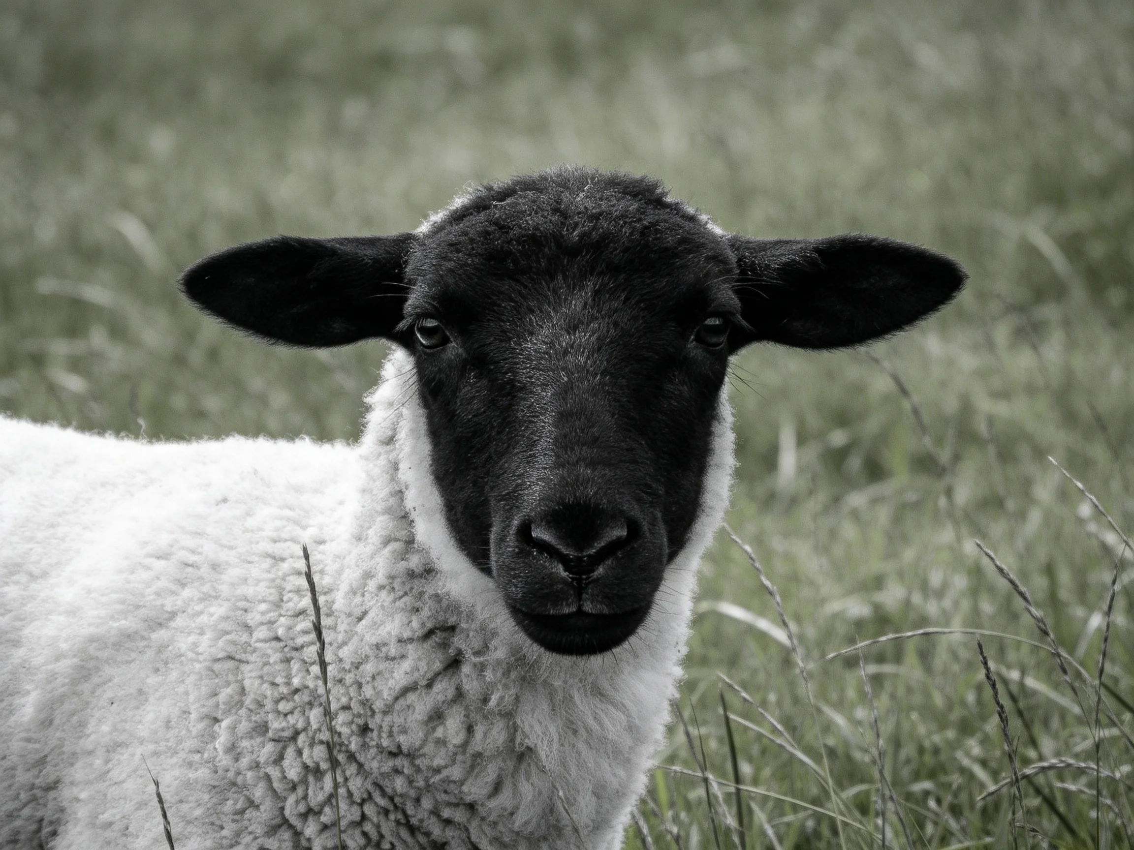Black-faced lamb with white wool in a grassy field