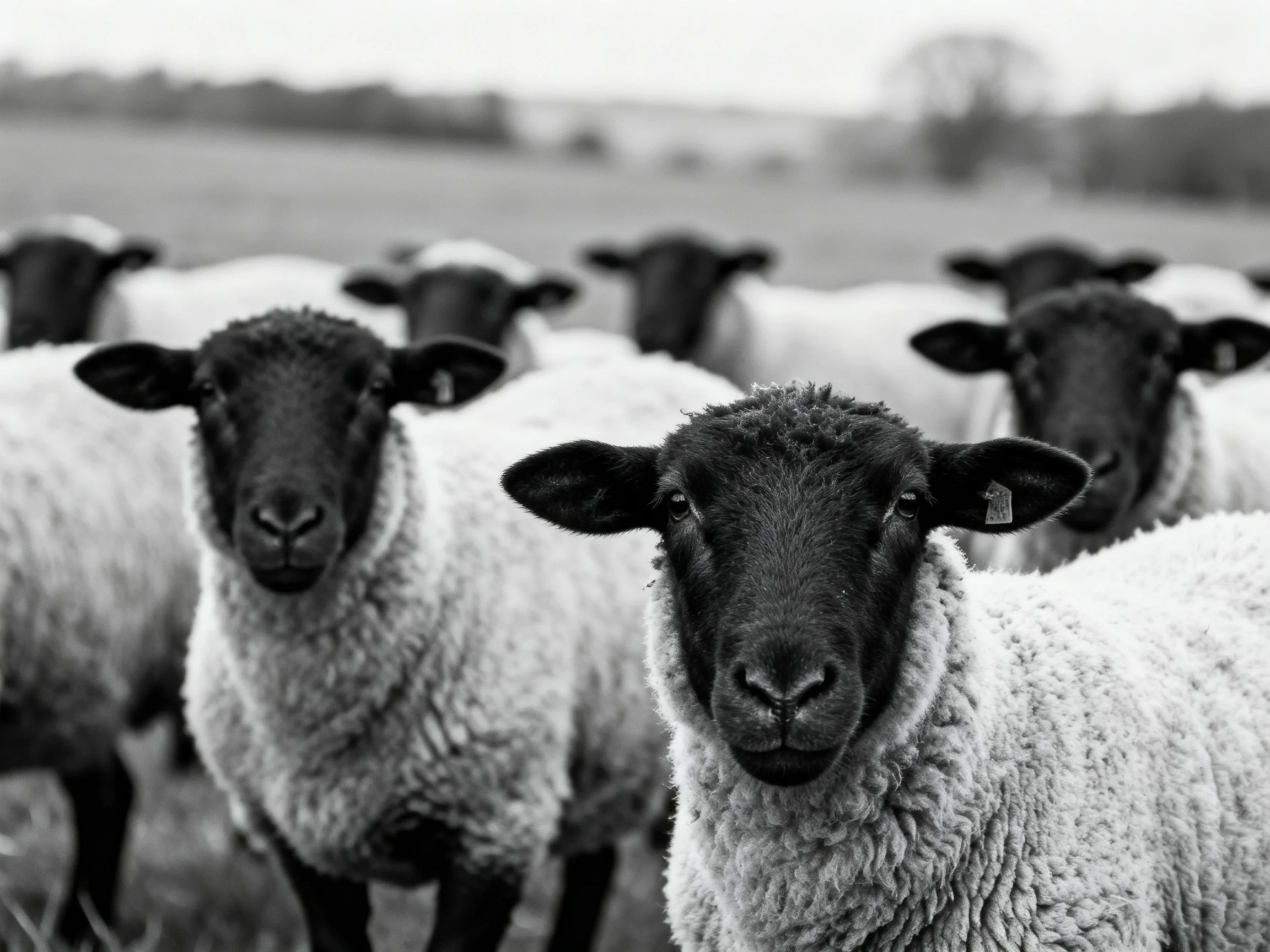 Black-faced sheep gathered in a rural field