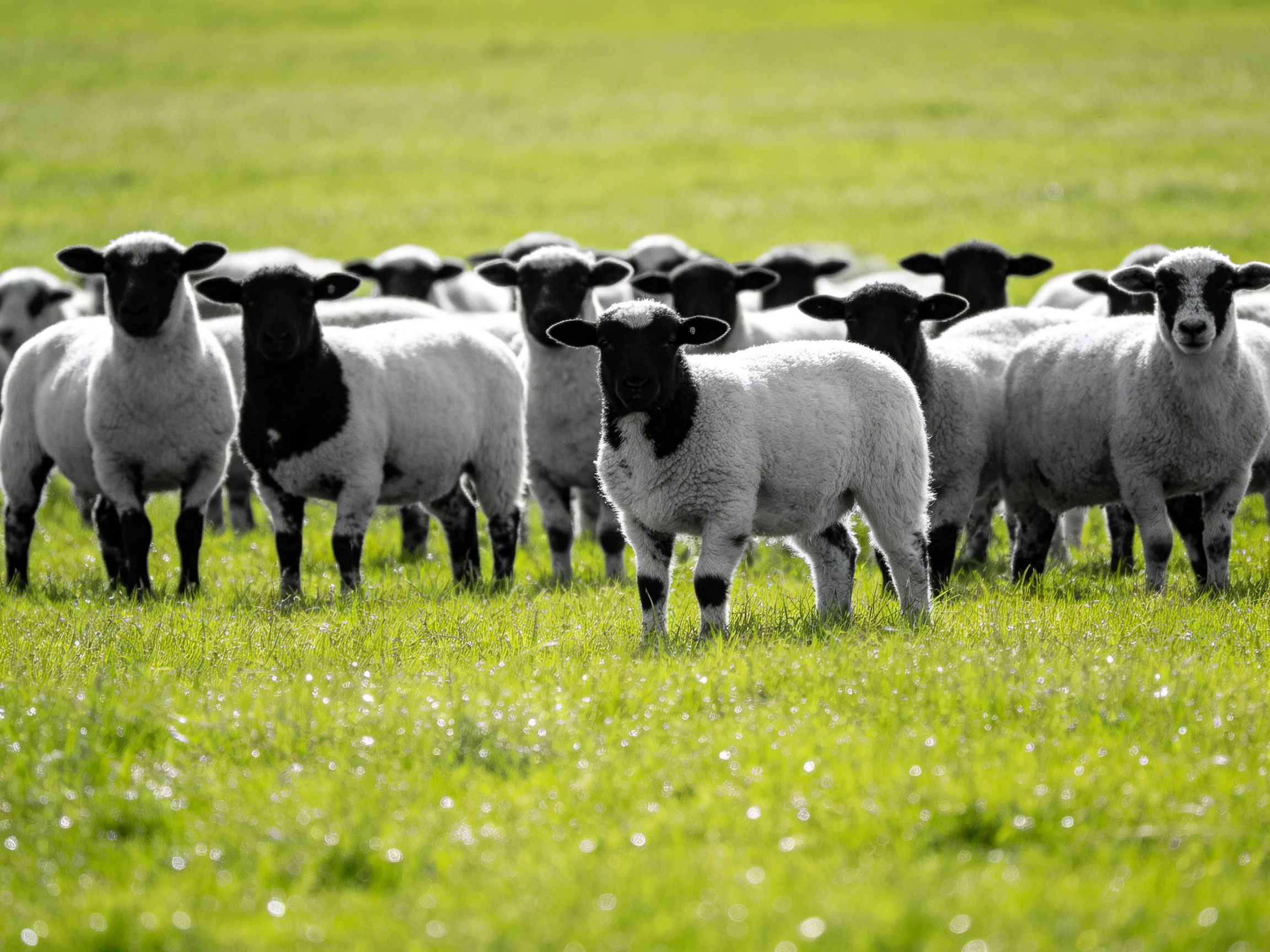 Black-faced sheep herd in vibrant green pasture