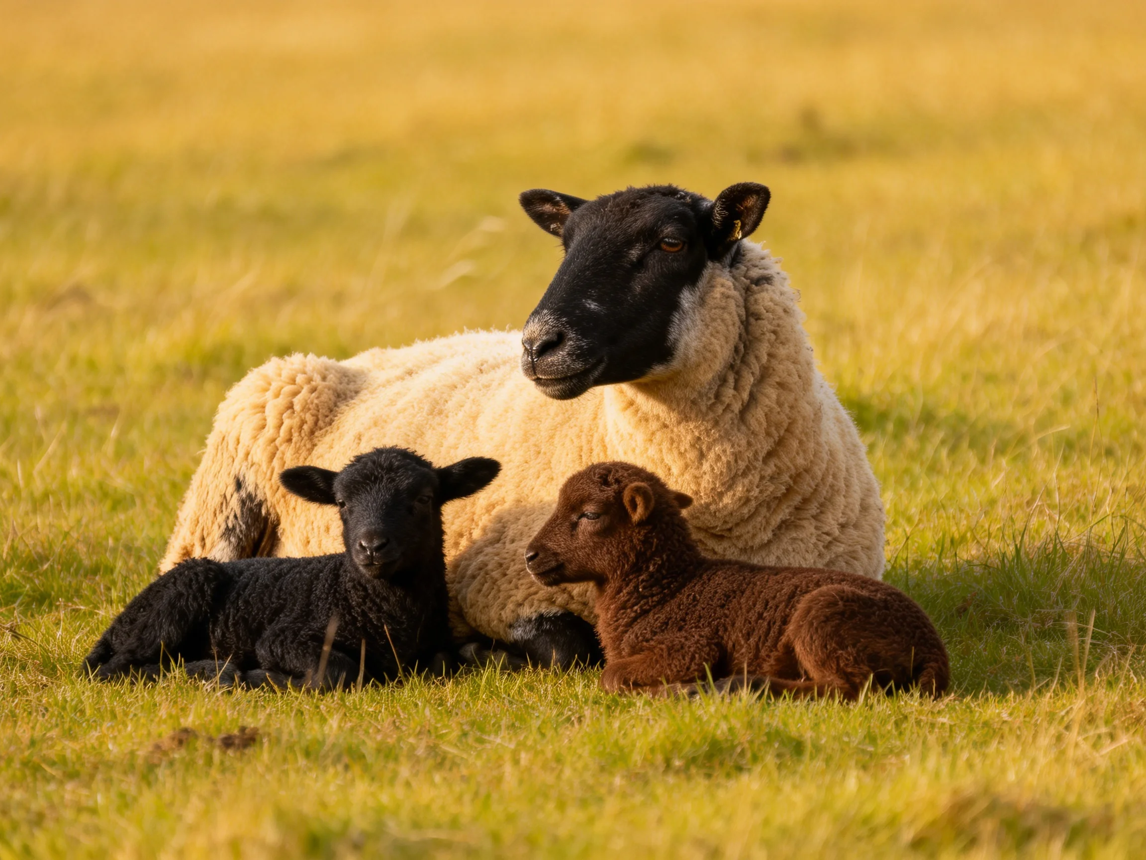 Black-faced sheep with lambs in golden meadow