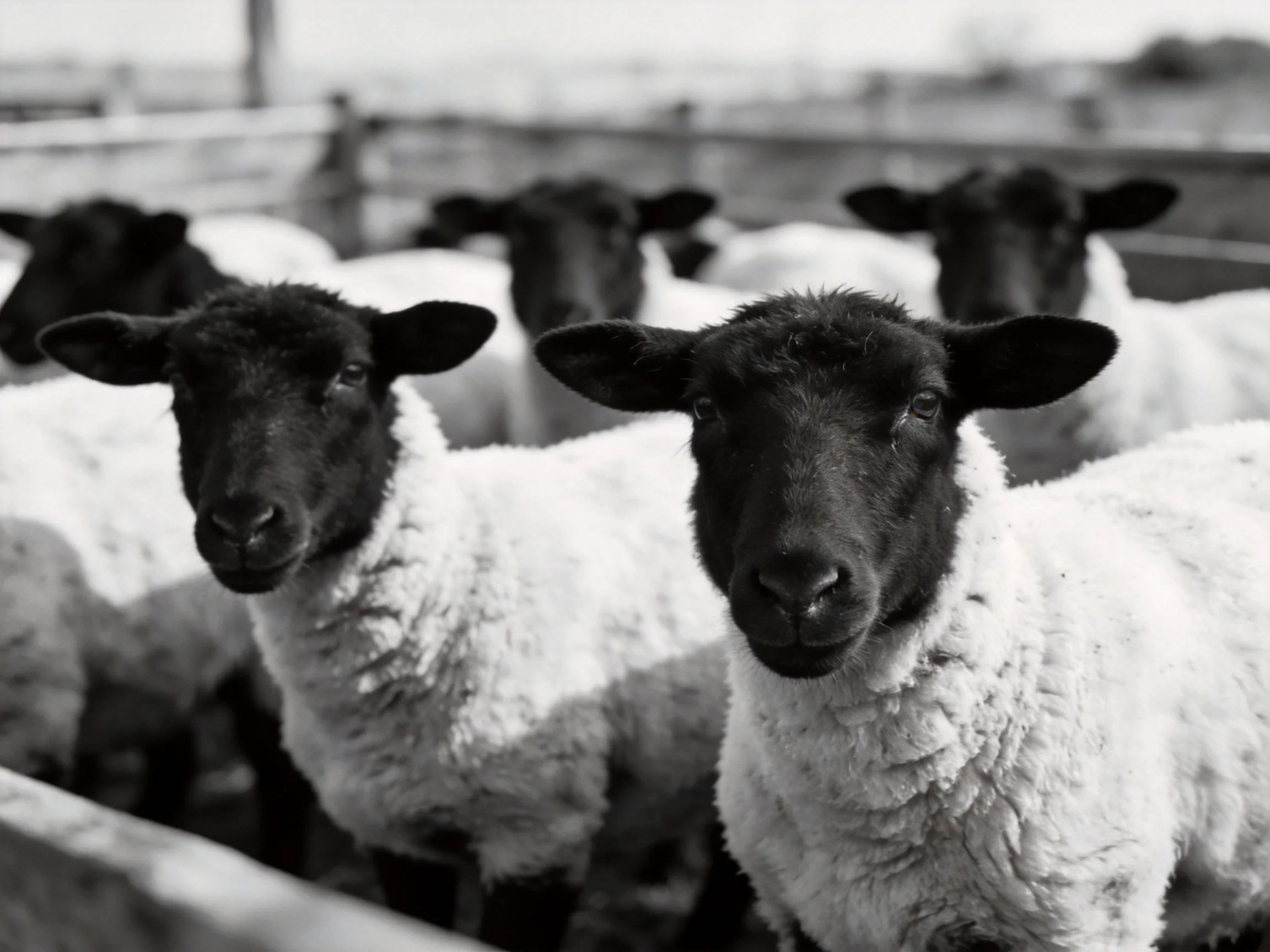 Black-faced sheep with thick white wool clustered together