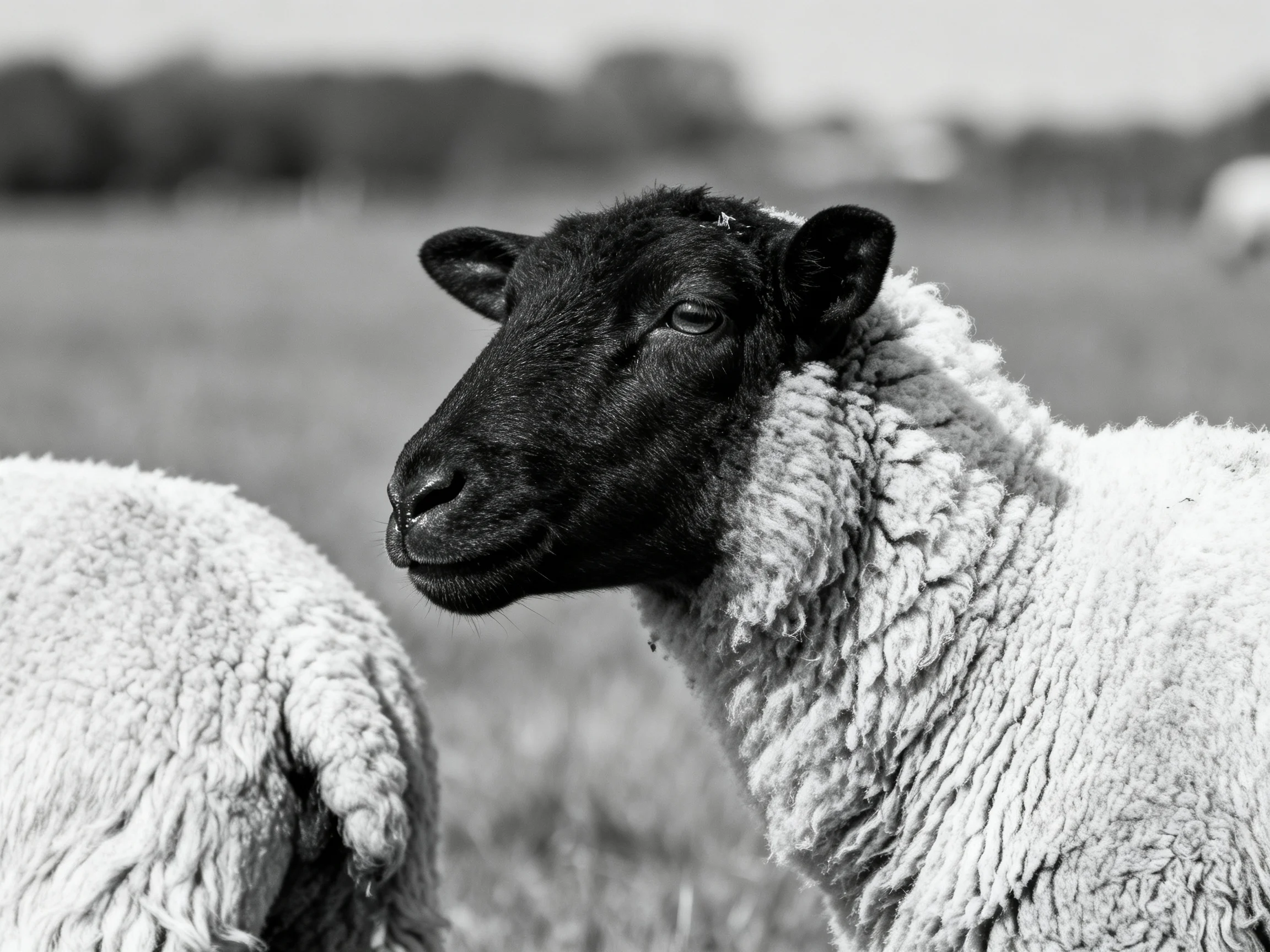 Black-faced sheep with thick white wool in an open field