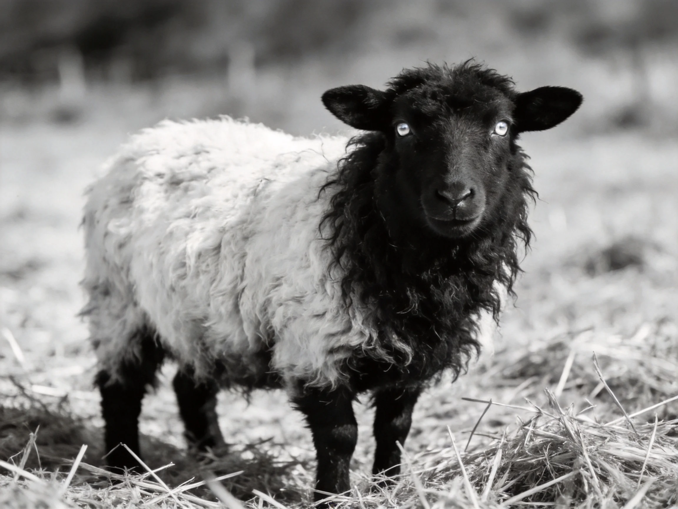 Black-faced sheep with thick white wool in open field