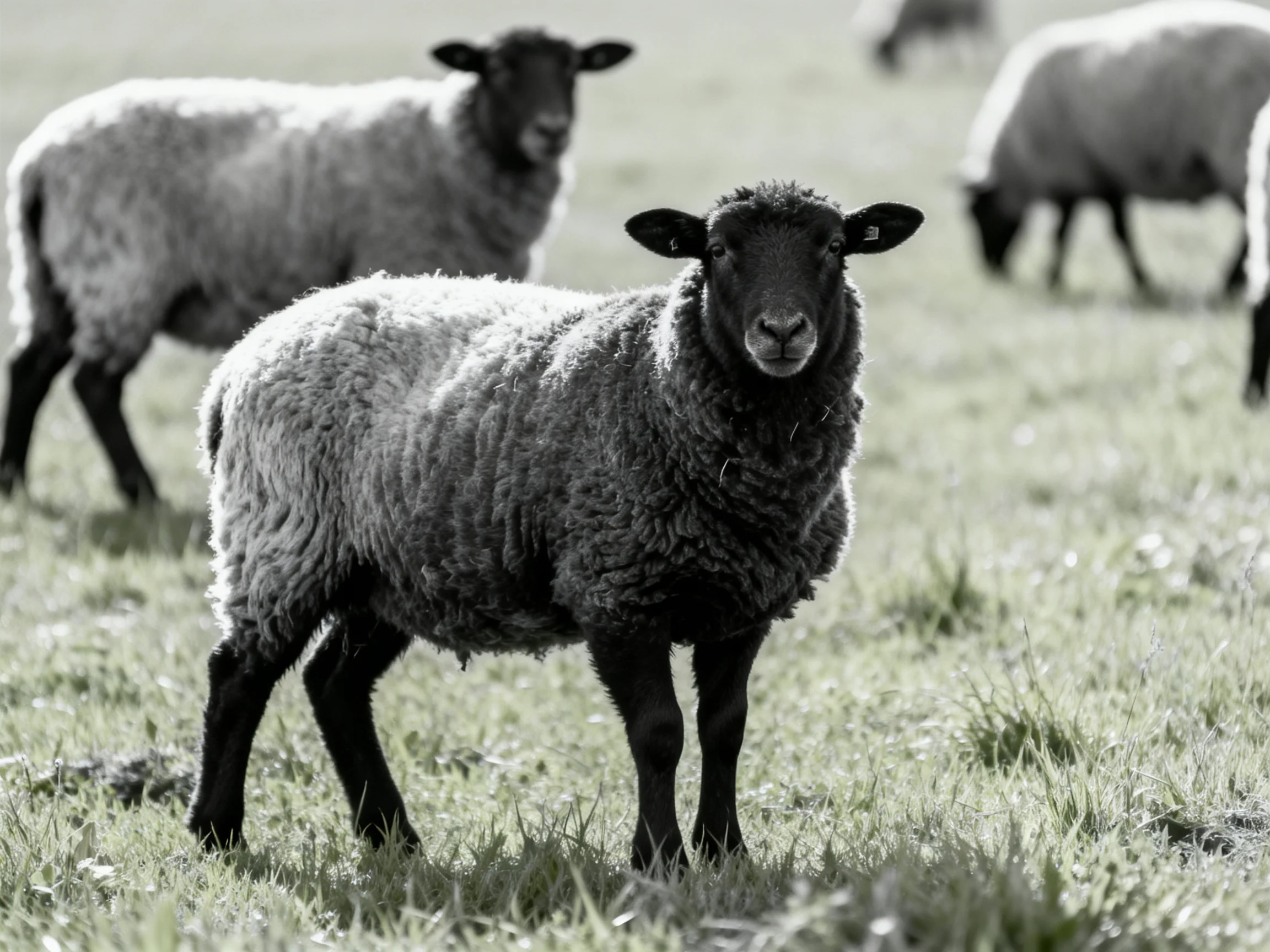 Black-faced sheep with thick wool graze in a sunlit meadow
