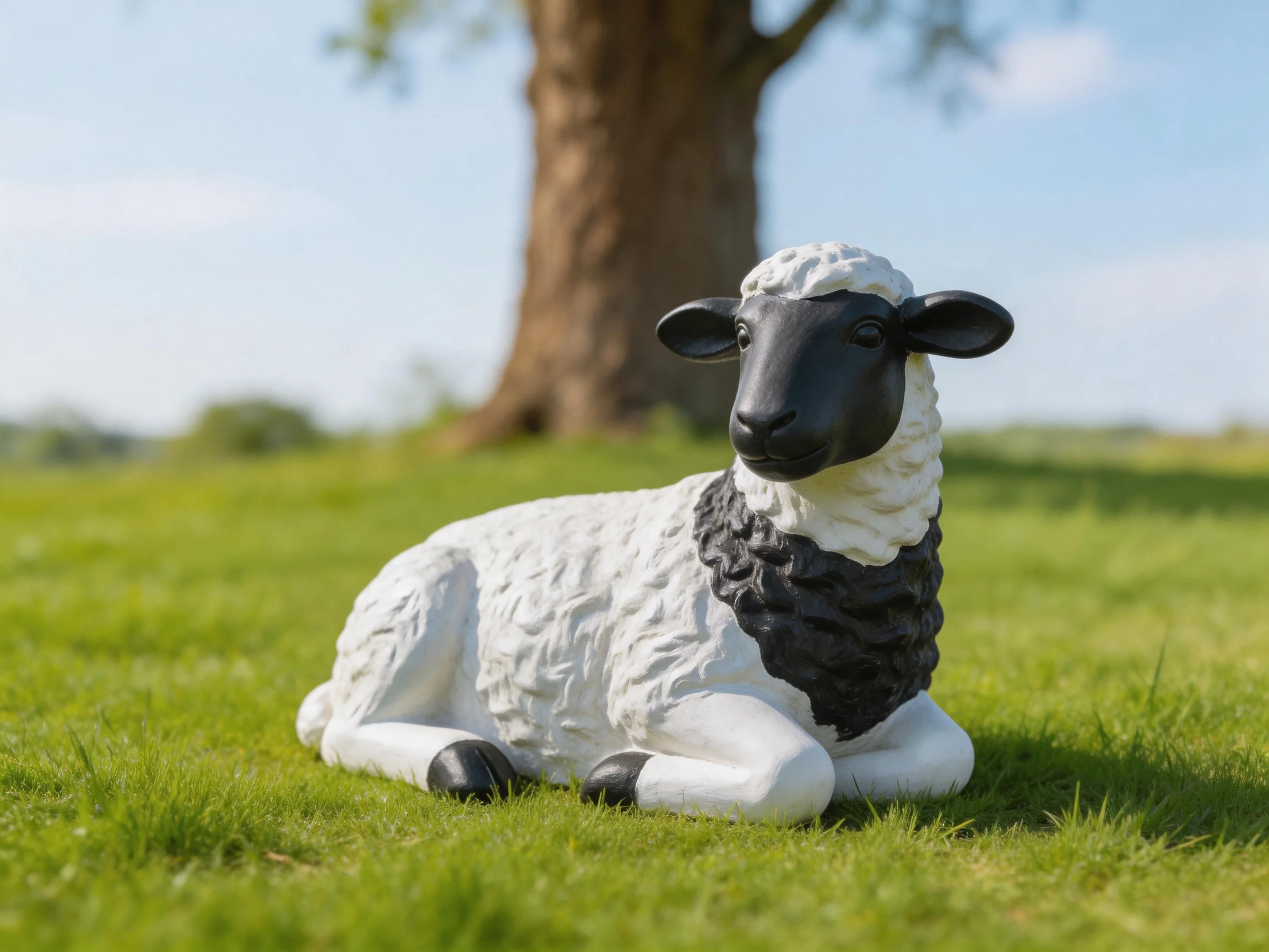Black-faced white sheep figurine resting on green grass near a large tree