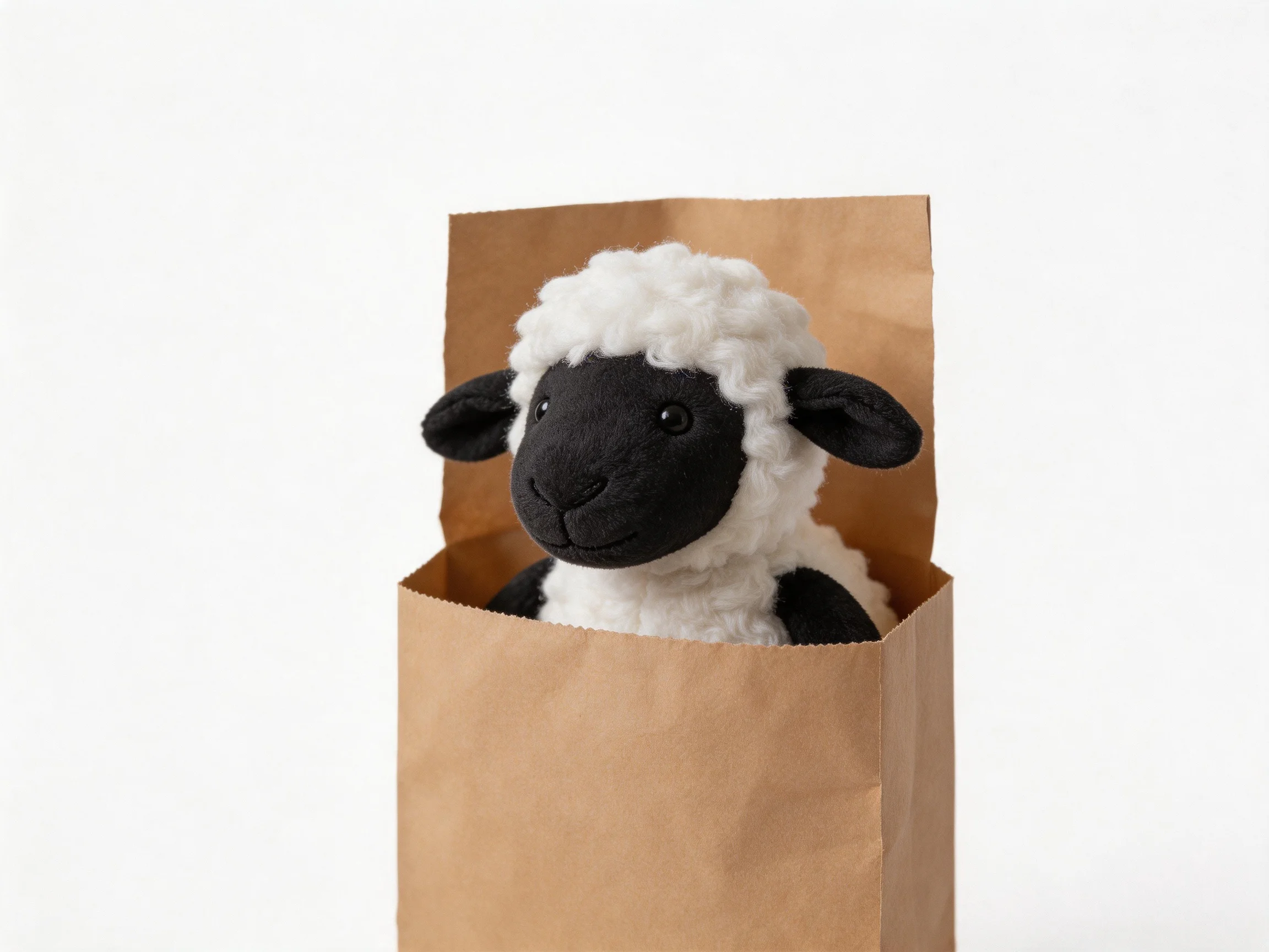 Black-faced white-stuffed sheep in an open brown paper bag