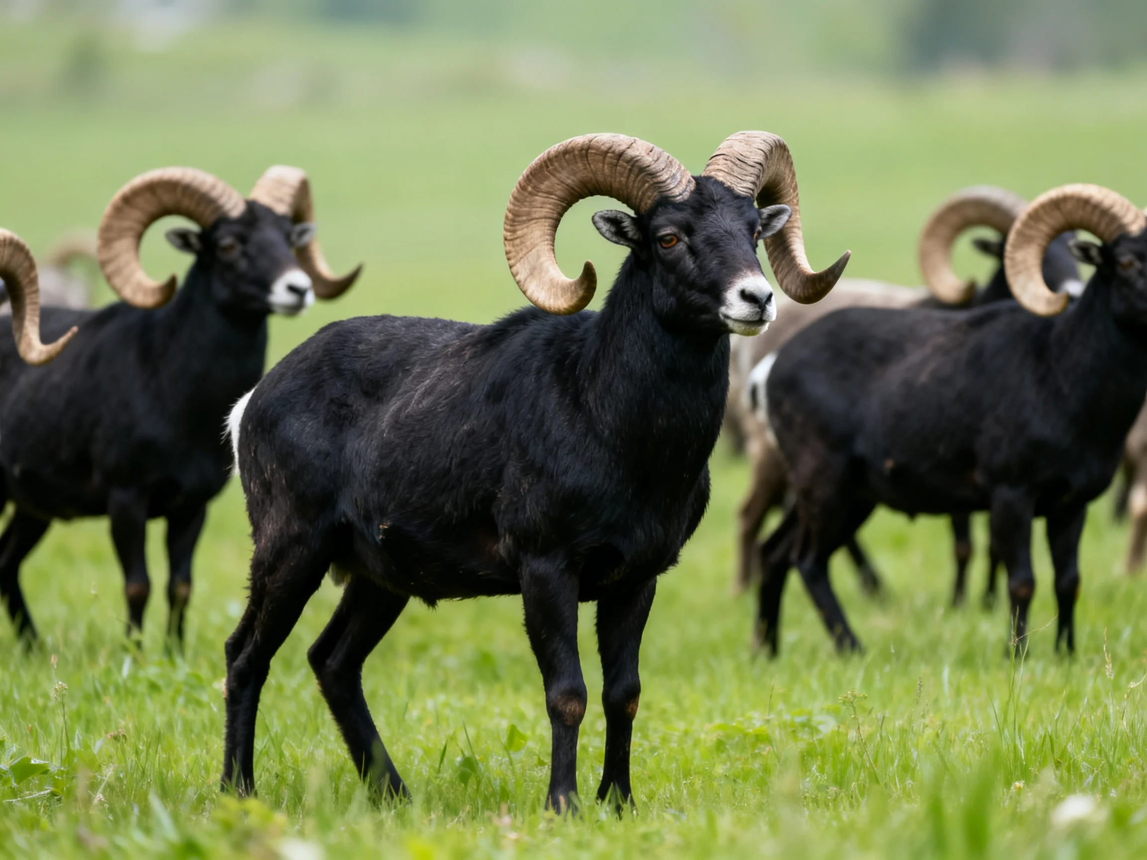 Black horned rams in a lush green pasture