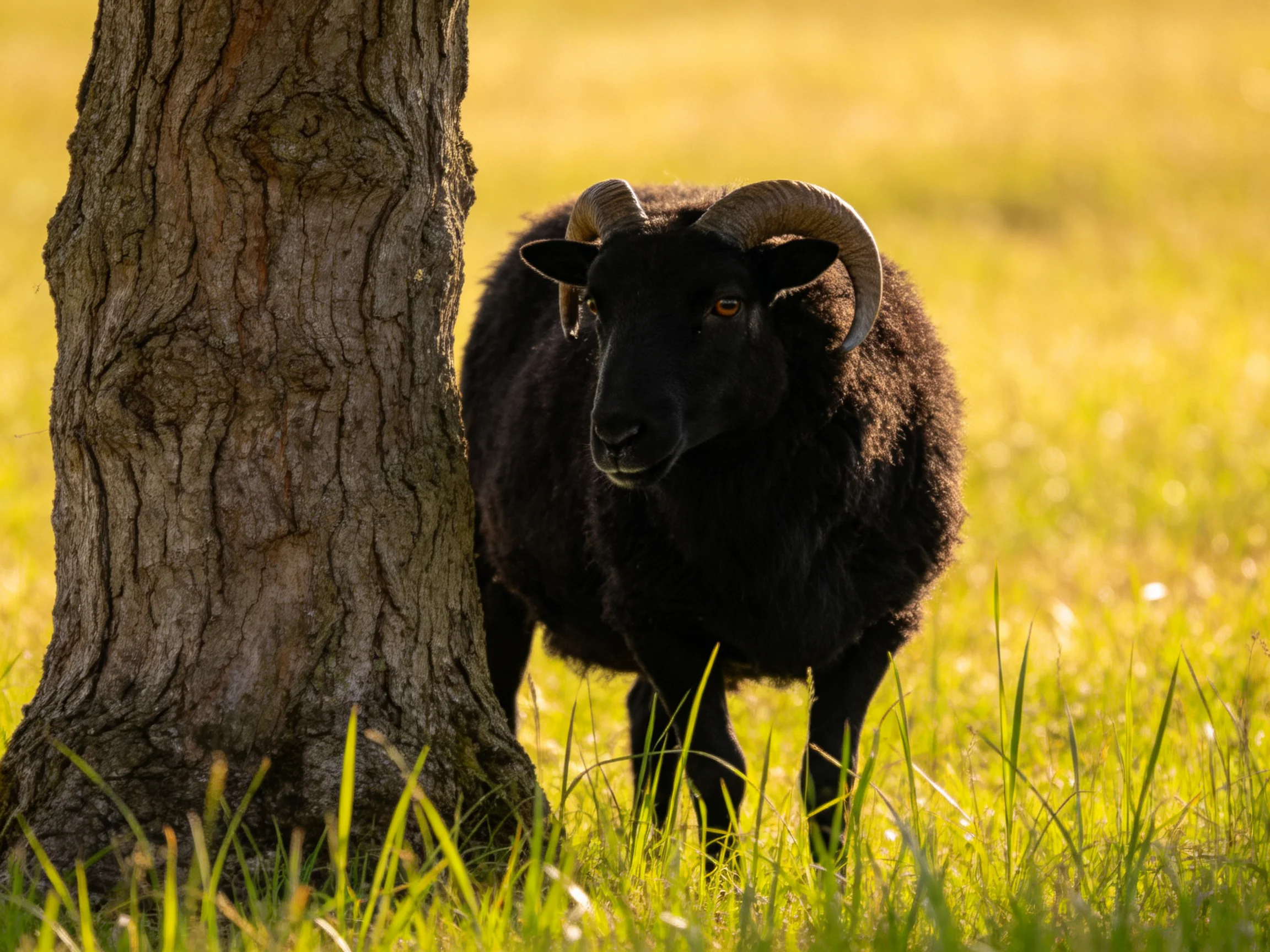 Black horned sheep beside aged tree trunk in sunlit meadow