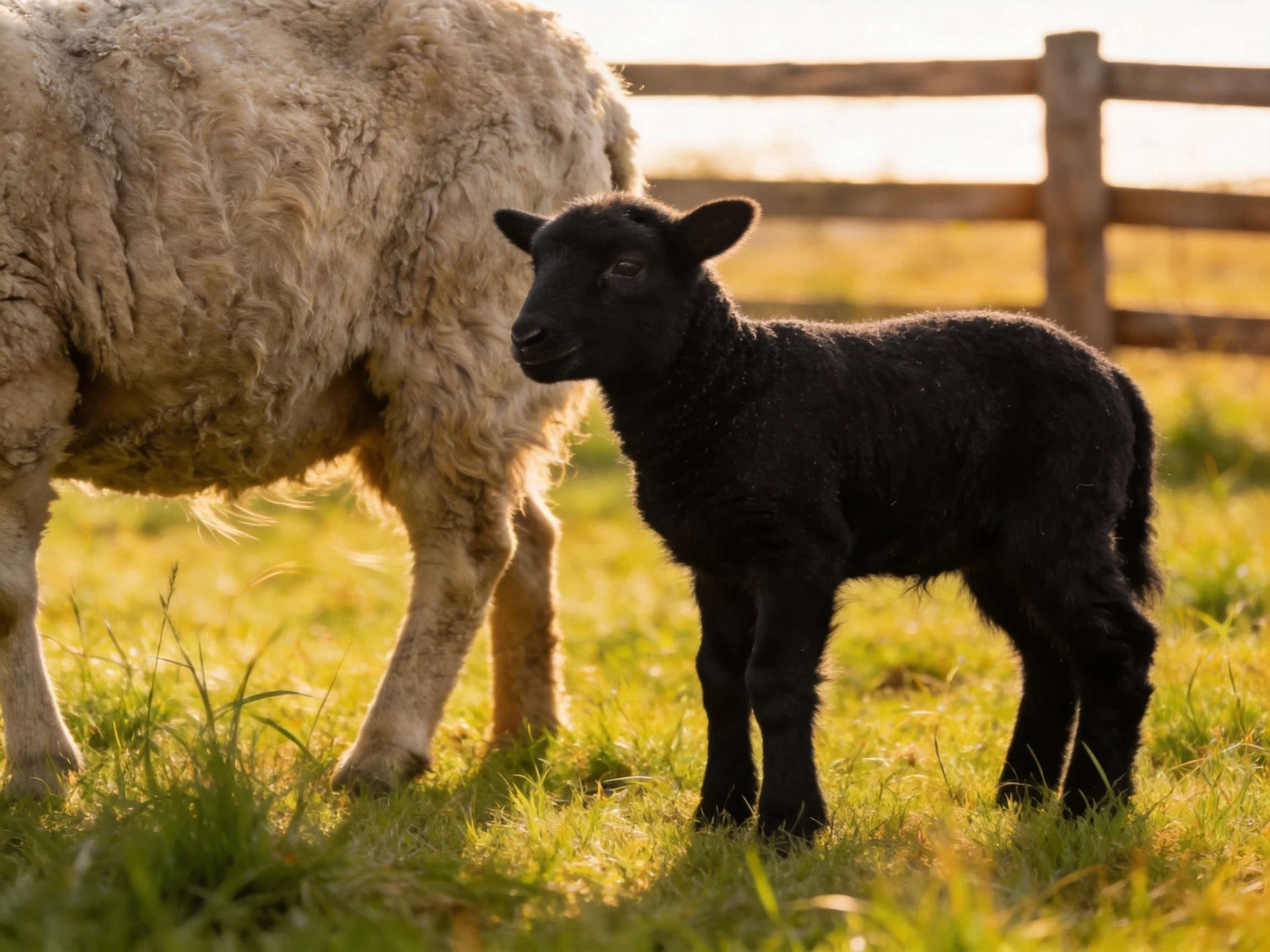 Black lamb near woolly sheep in sunlit pasture