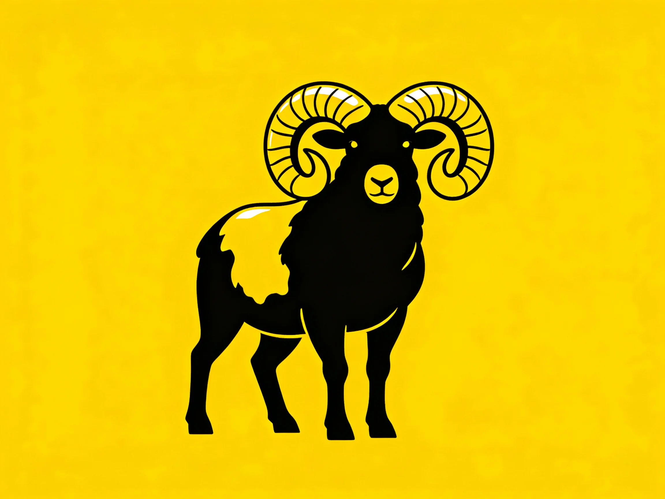 Black ram silhouette with large curved horns on bright yellow background