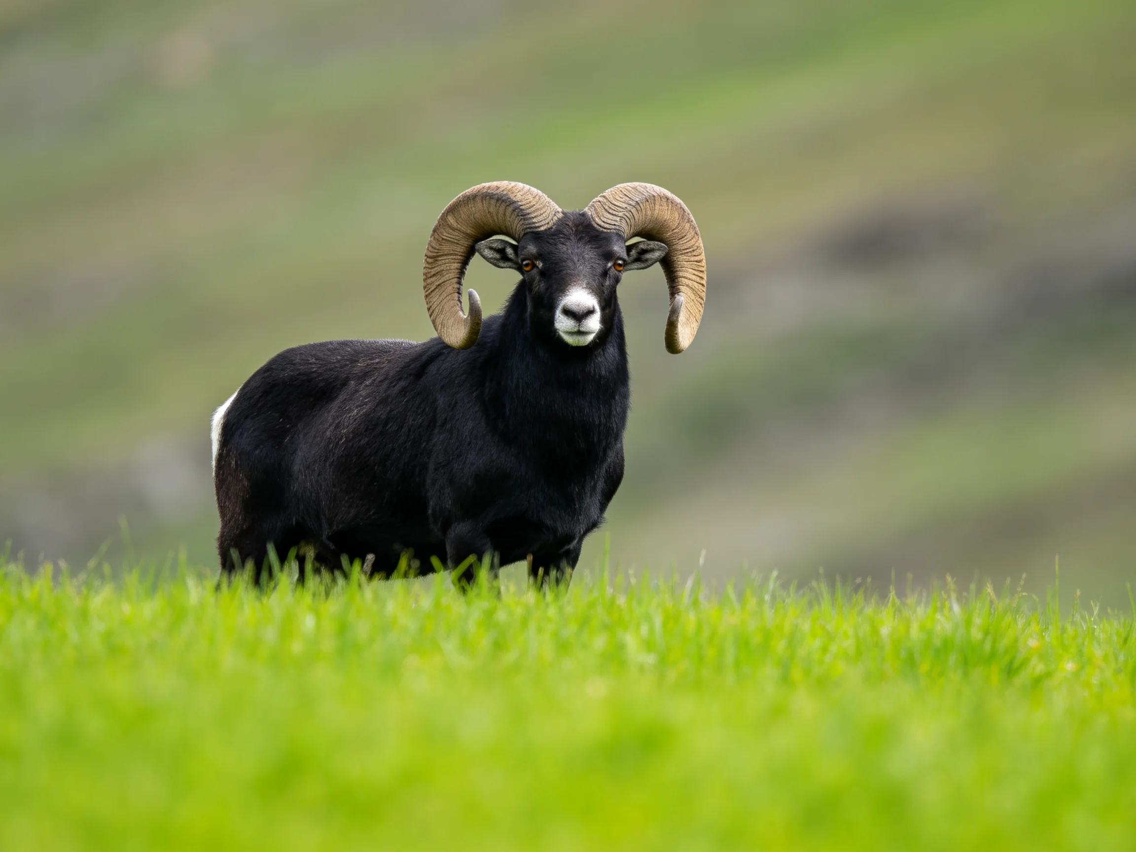 Black ram with large curved horns in lush green field