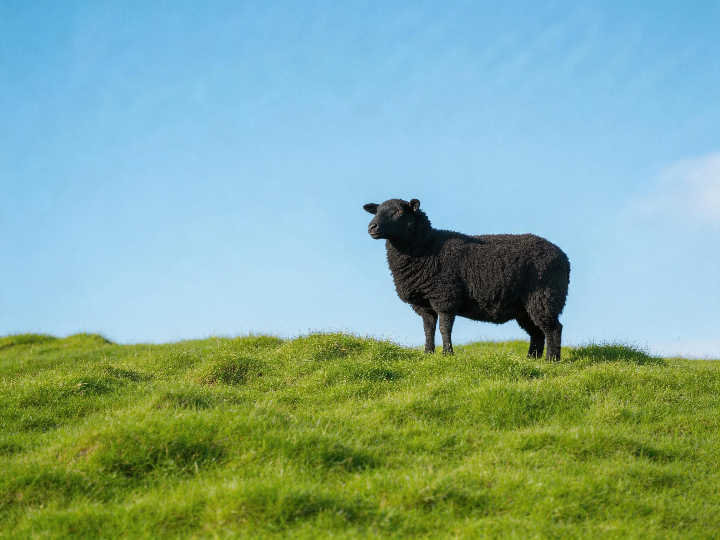 Black sheep on lush green hillside beneath bright blue sky