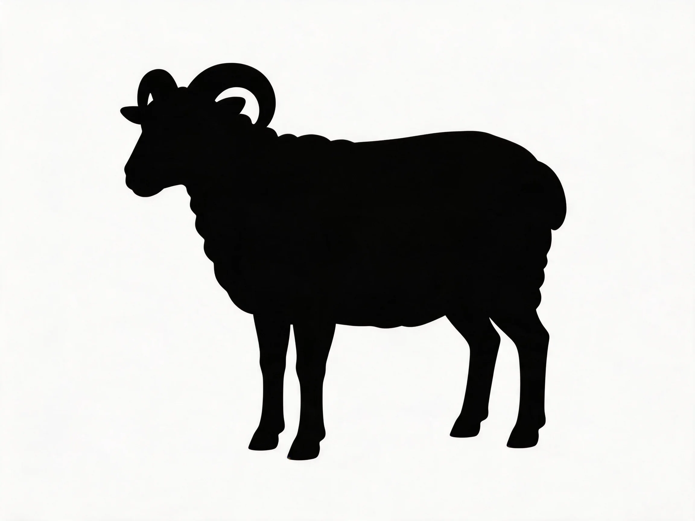 Black silhouette of a horned sheep with large curved horns