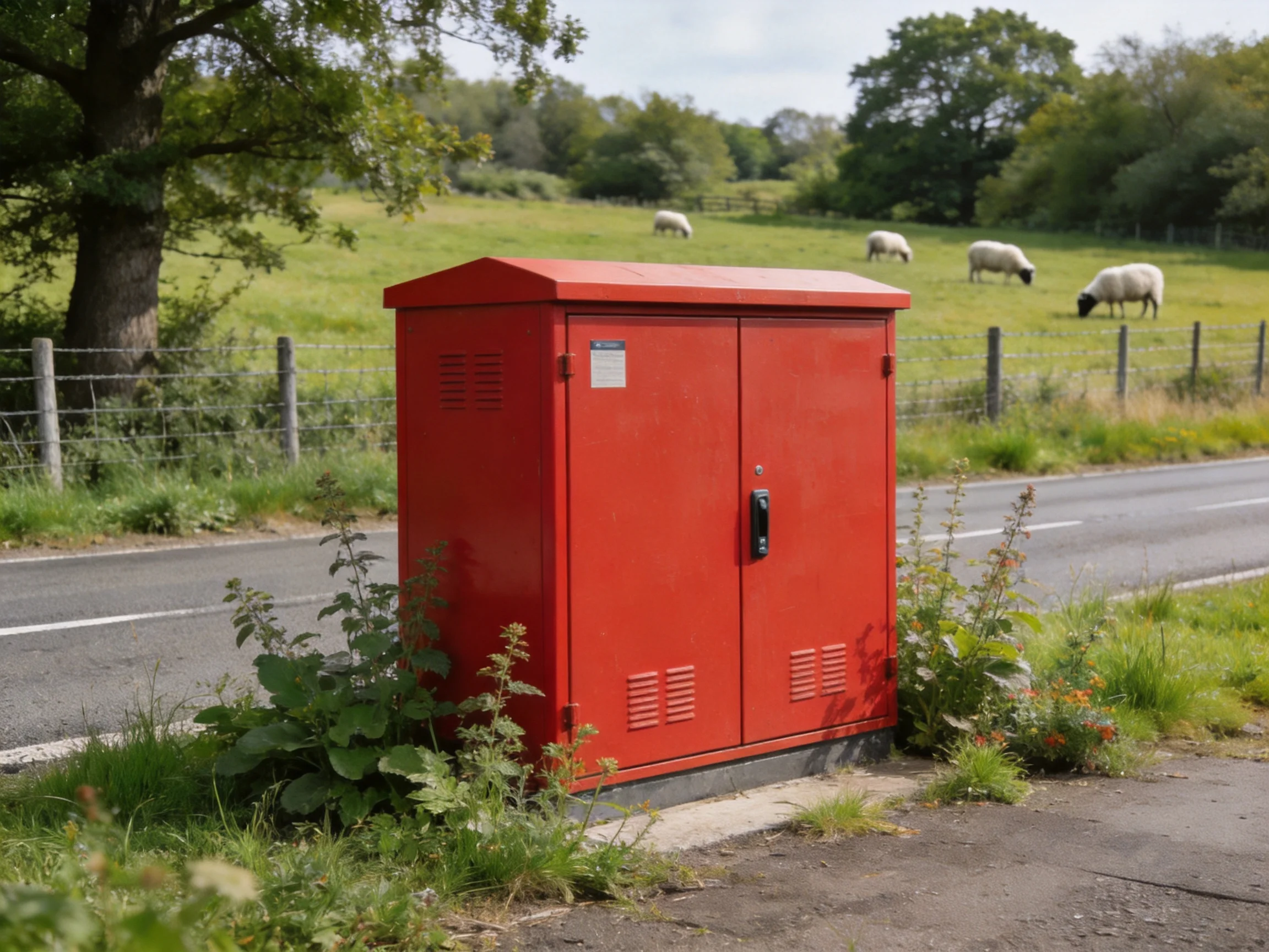 Bright red utility box near rural road with grazing sheep