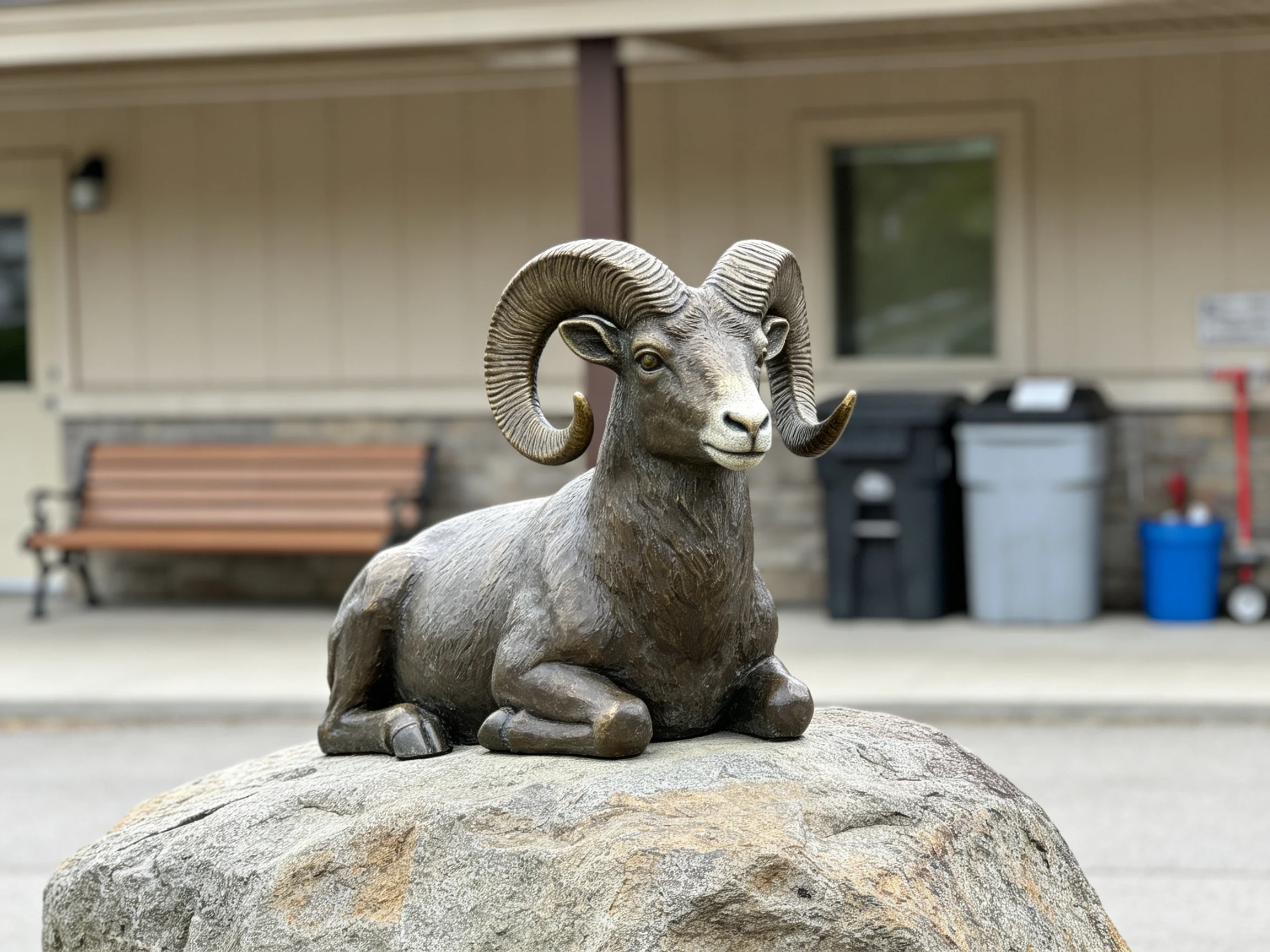 Bronze ram sculpture resting on a large rock outside a building