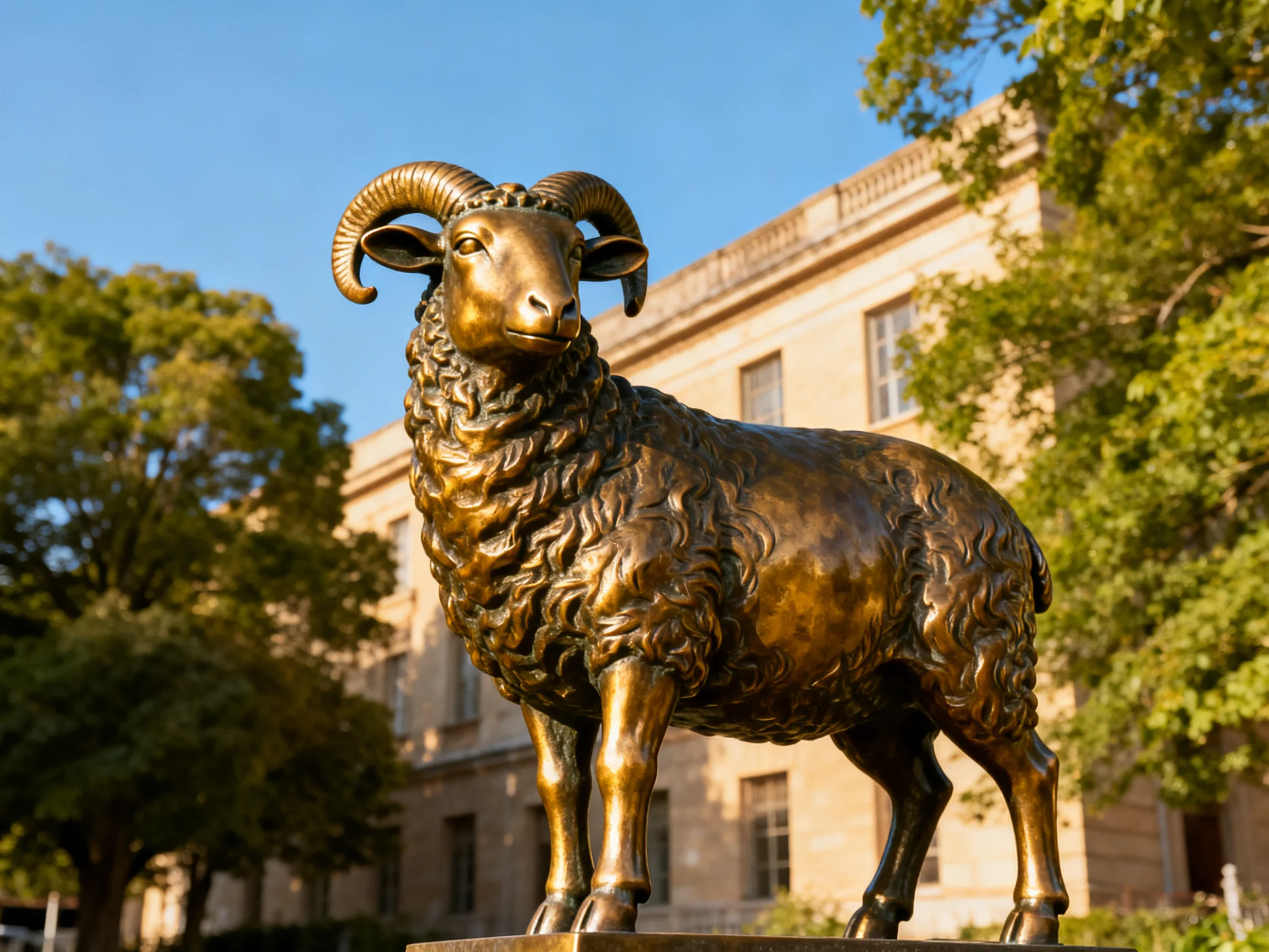 Bronze ram statue with detailed curly wool and curved horns