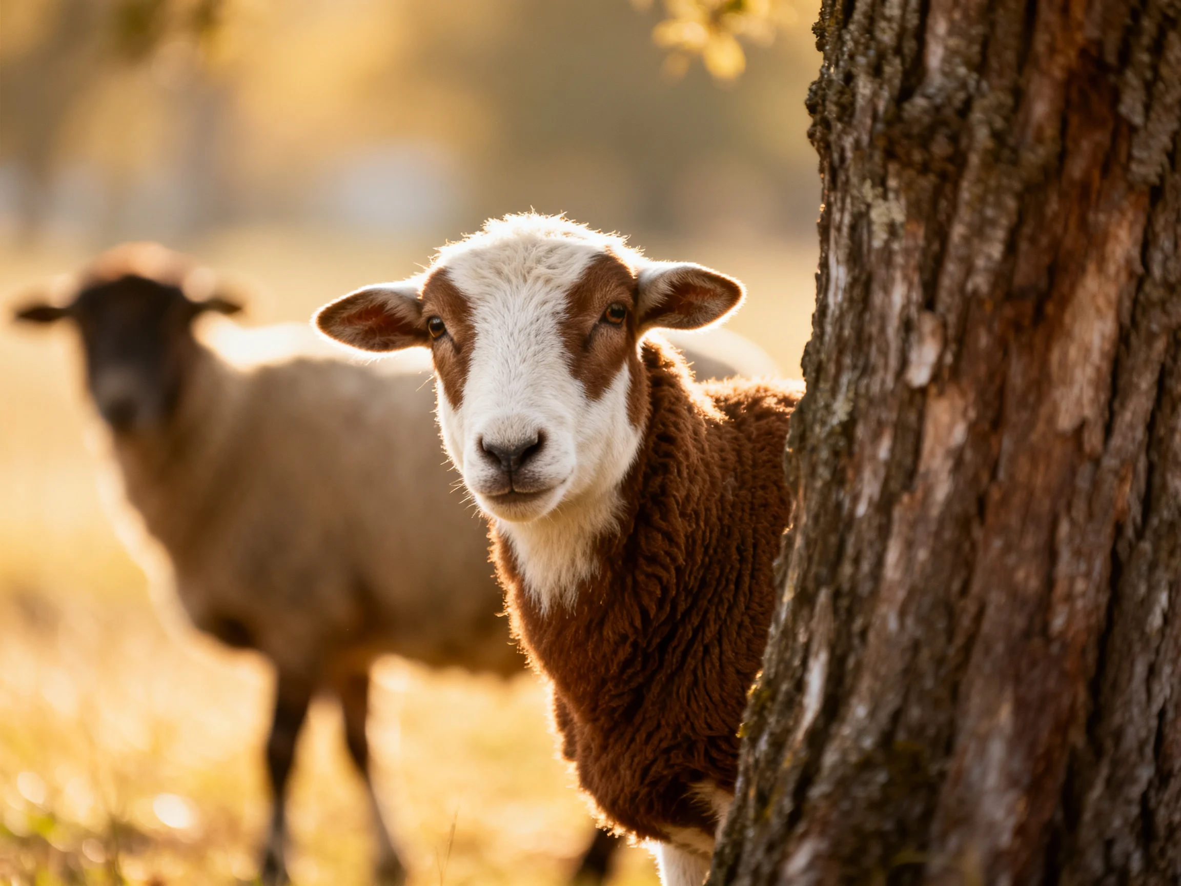 Brown and beige sheep near a tree in golden sunlight