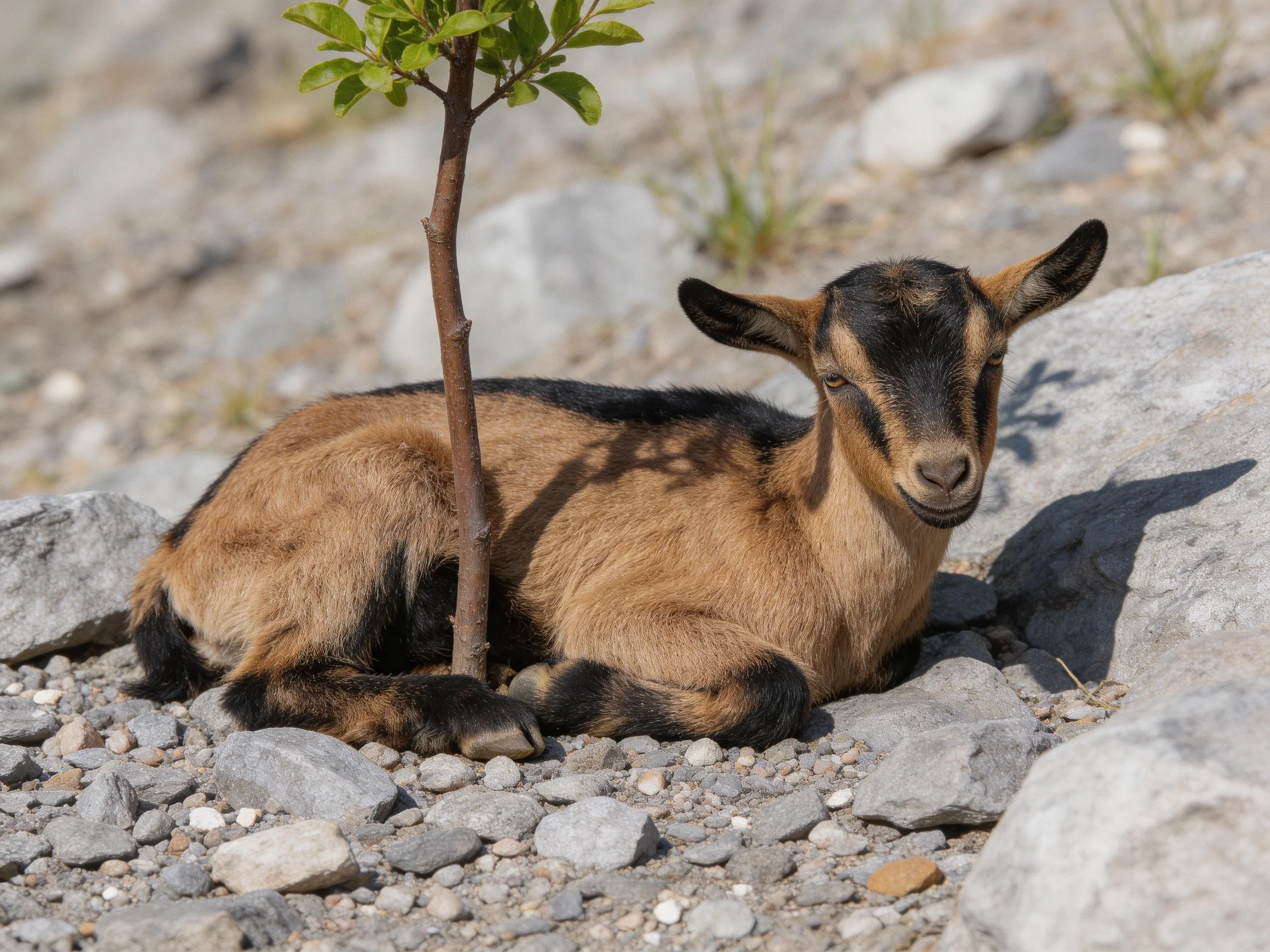 Brown and black baby goat resting near gray rocks and small tree