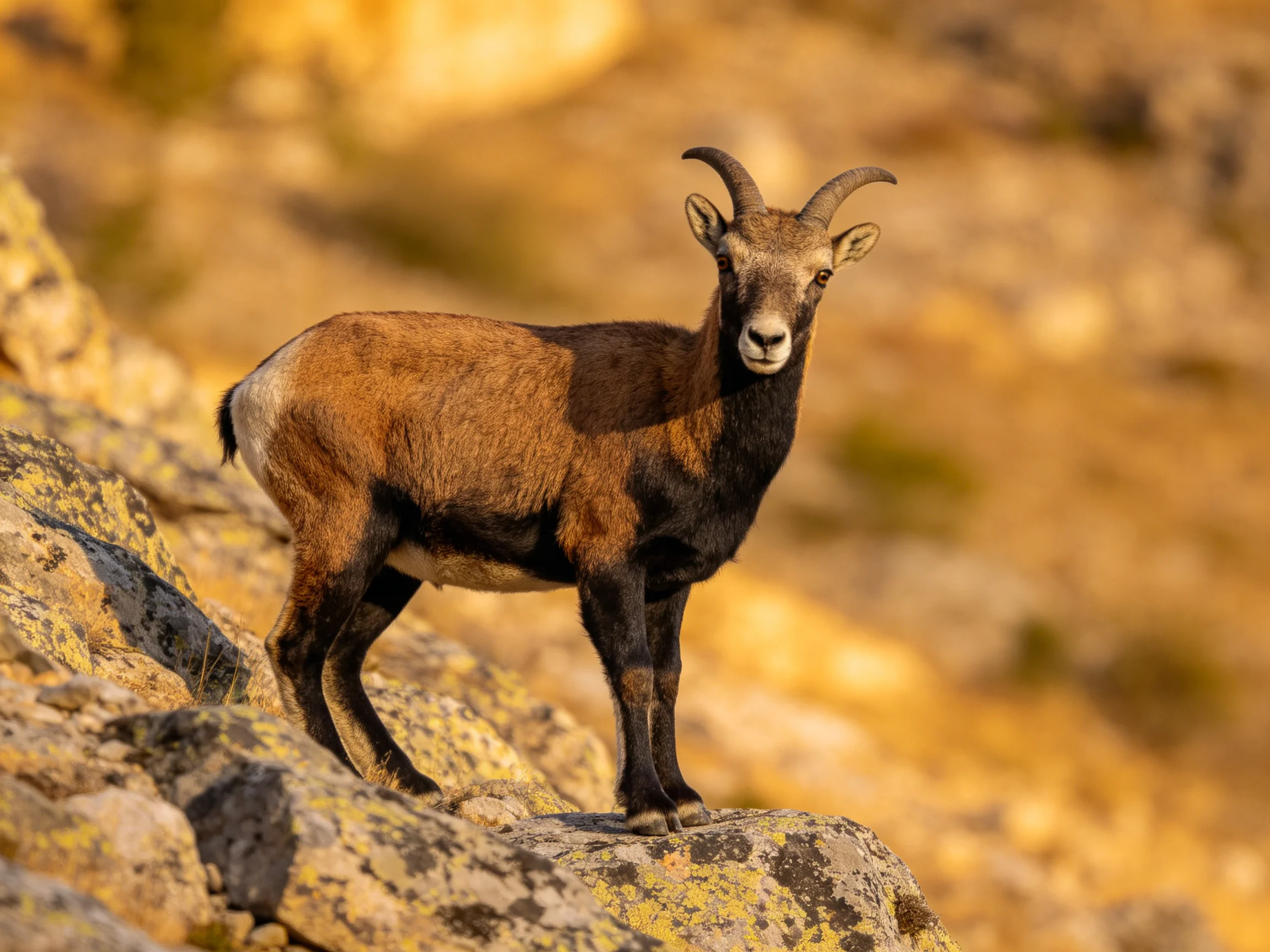 Brown and black mountain goat on rocky terrain
