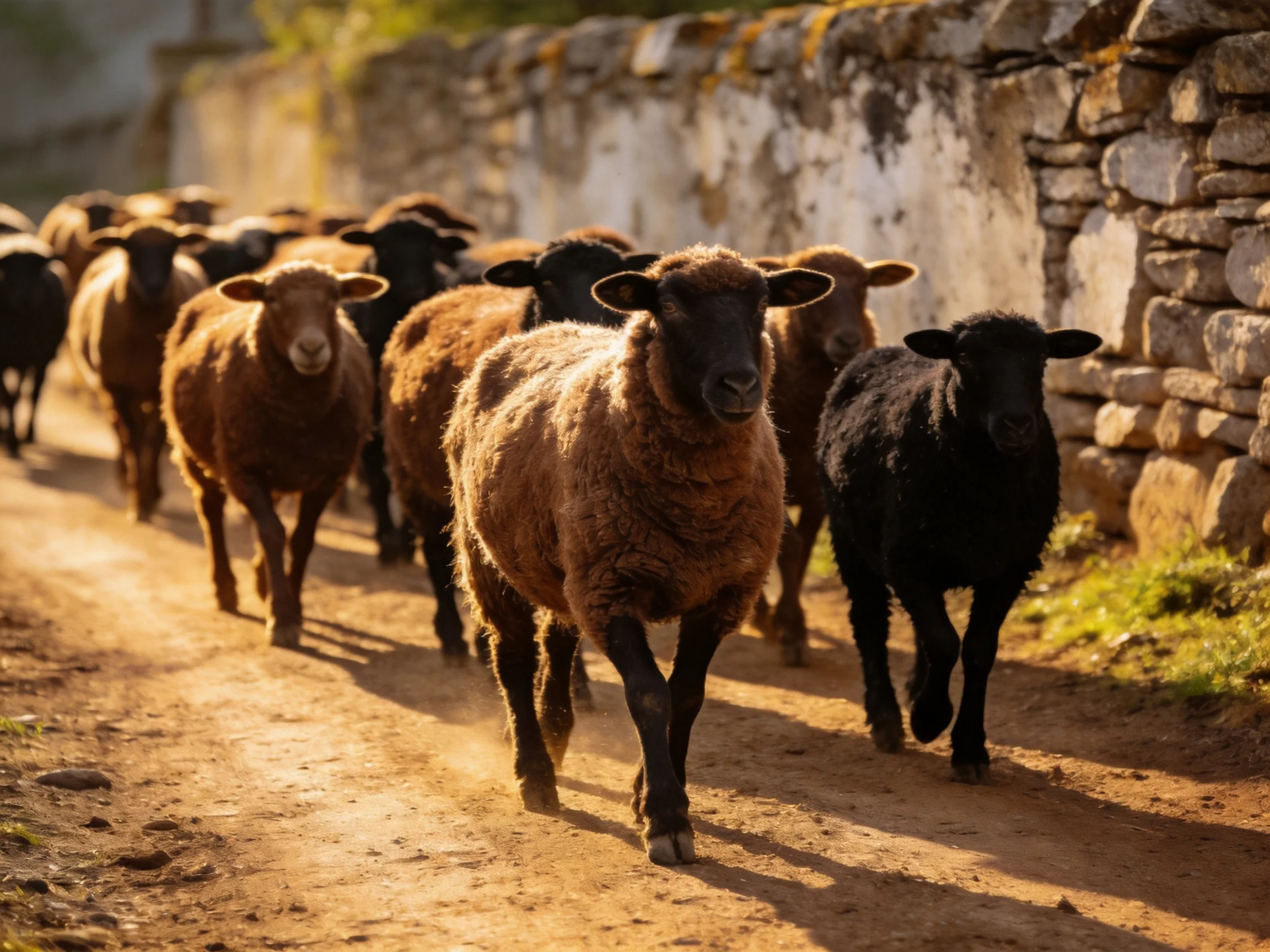 Brown and black sheep herd on dusty country path