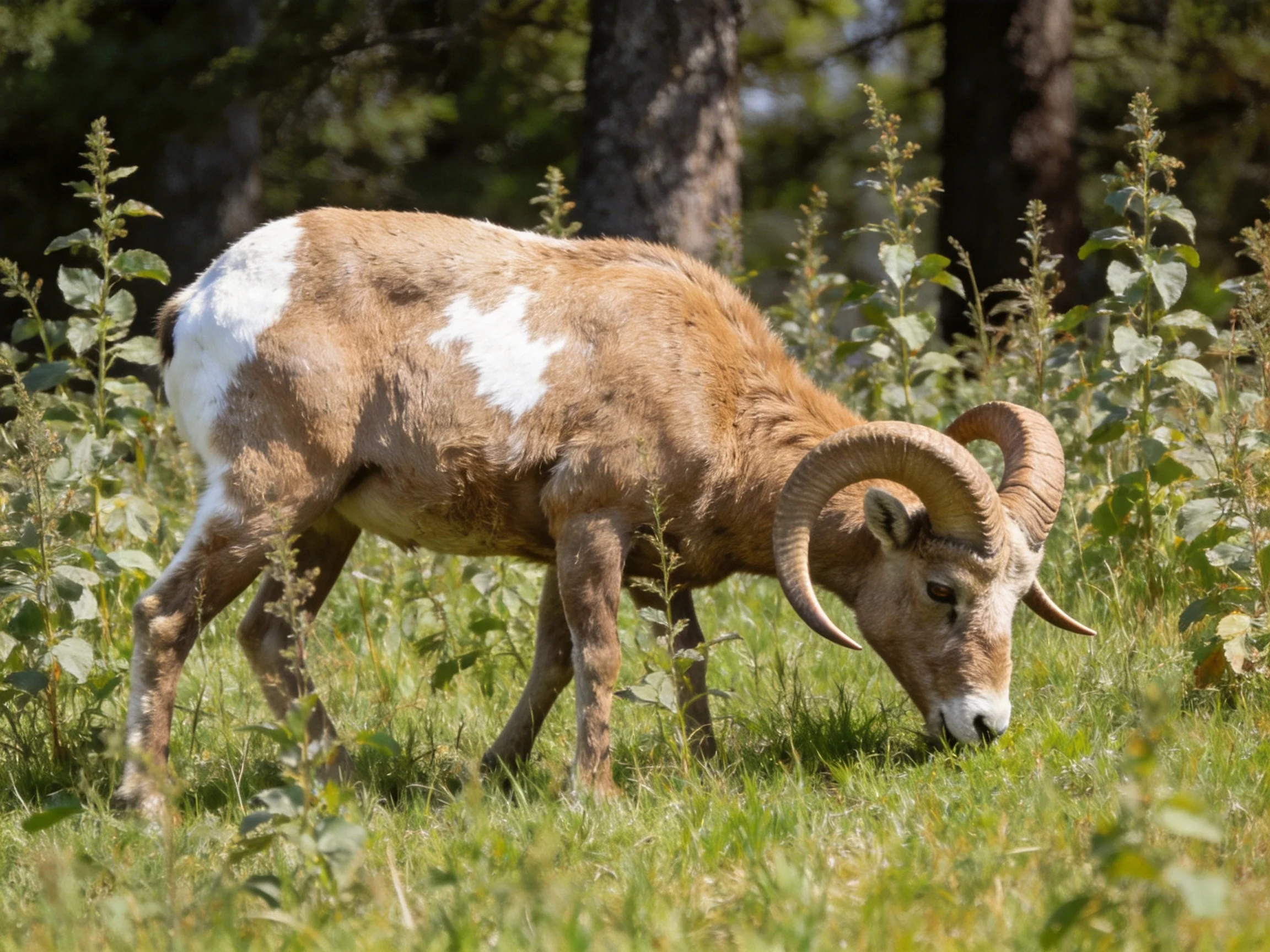 Brown and white bighorn sheep grazing in lush greenery