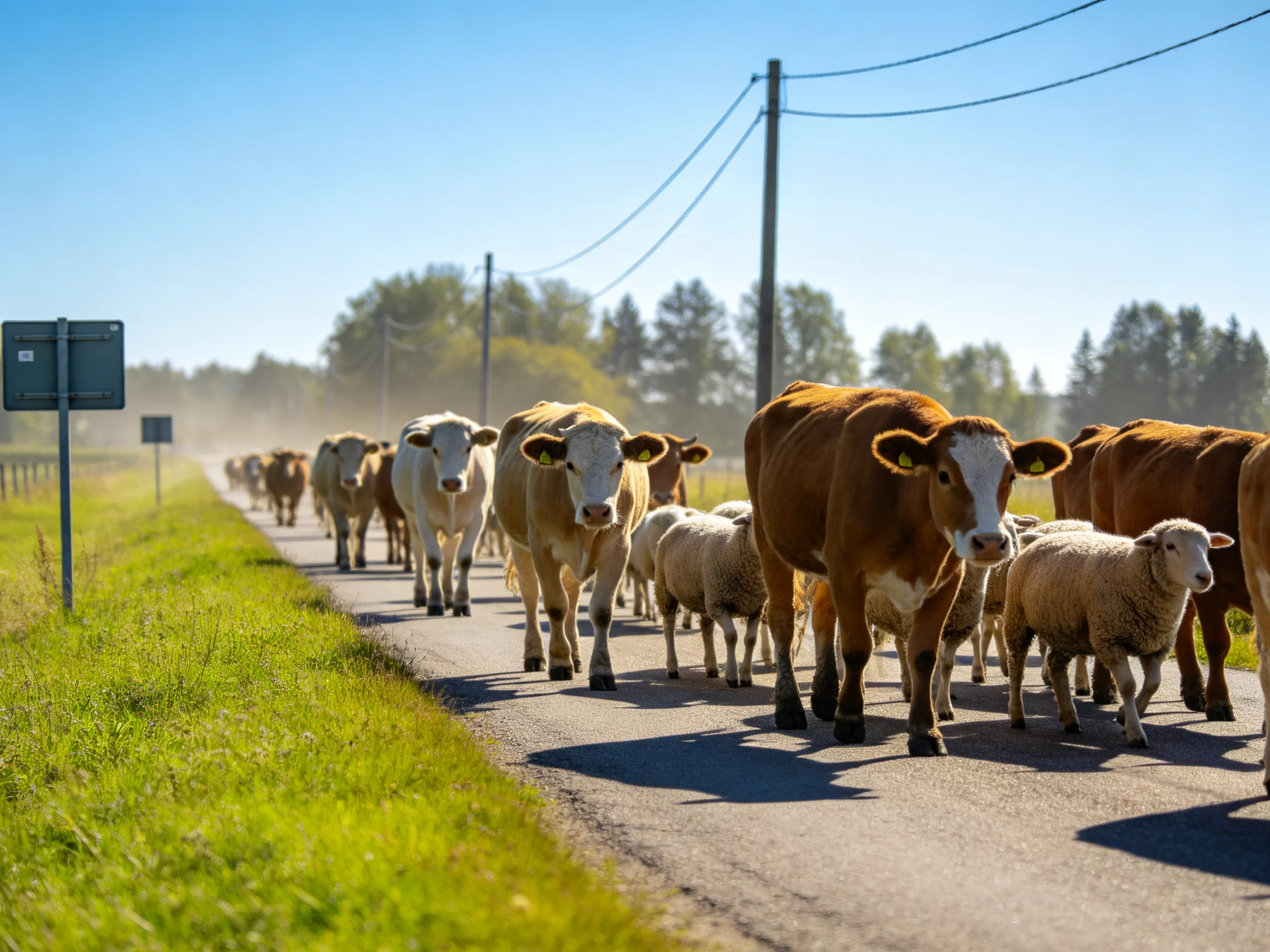 Brown and white cattle, sheep march along sunny country road