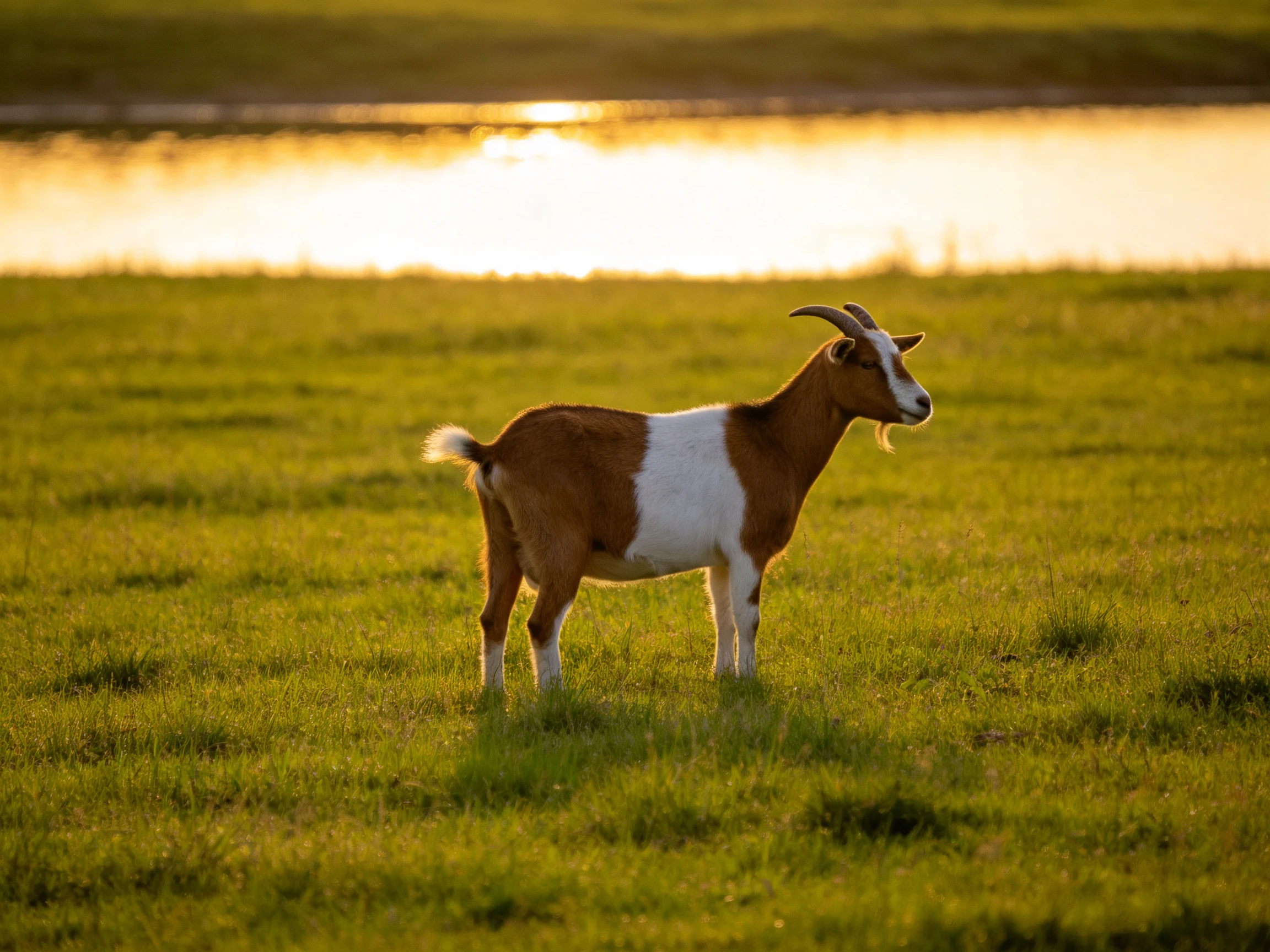 Brown and white goat in golden grass near reflective water