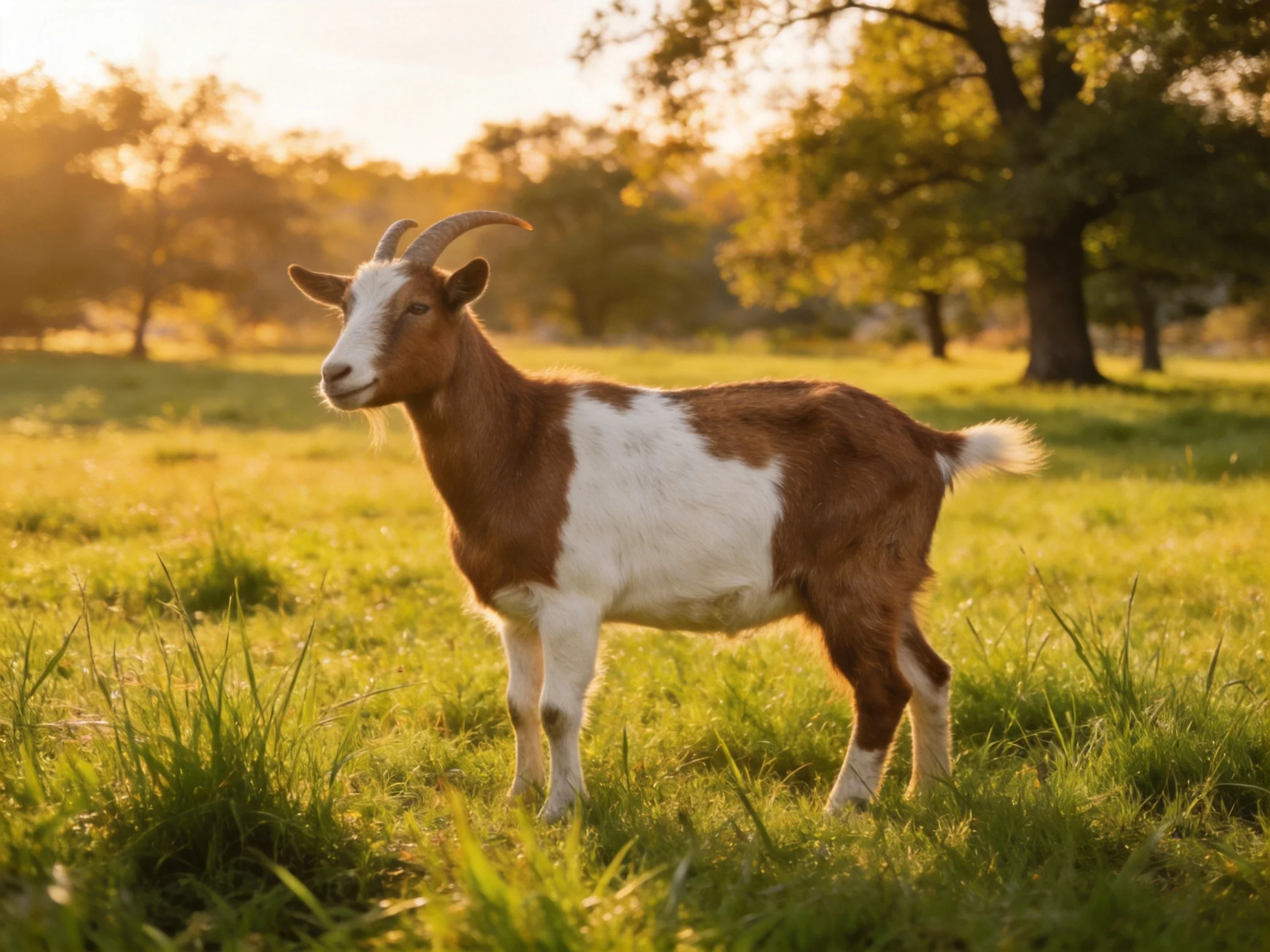 Brown and white goat in sunlit grassy meadow
