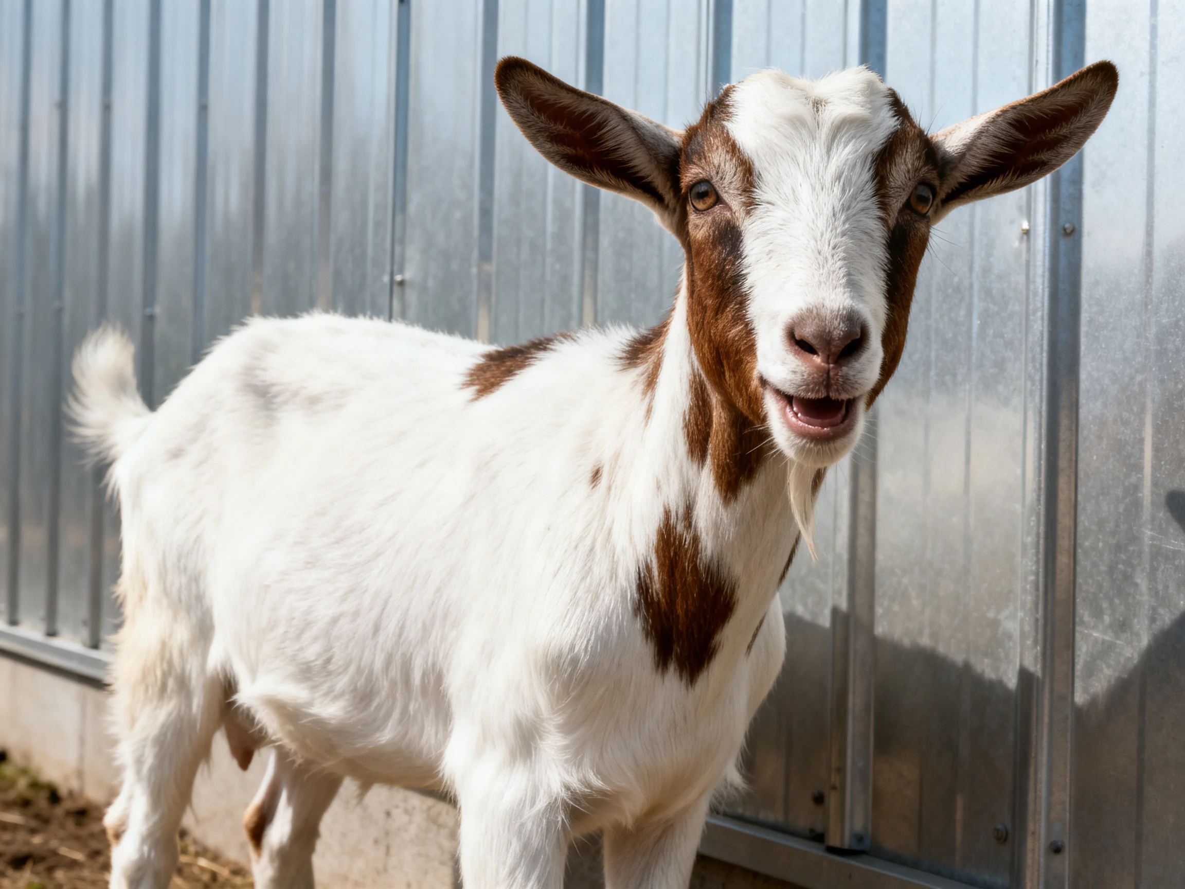 Brown and white goat next to corrugated metal wall