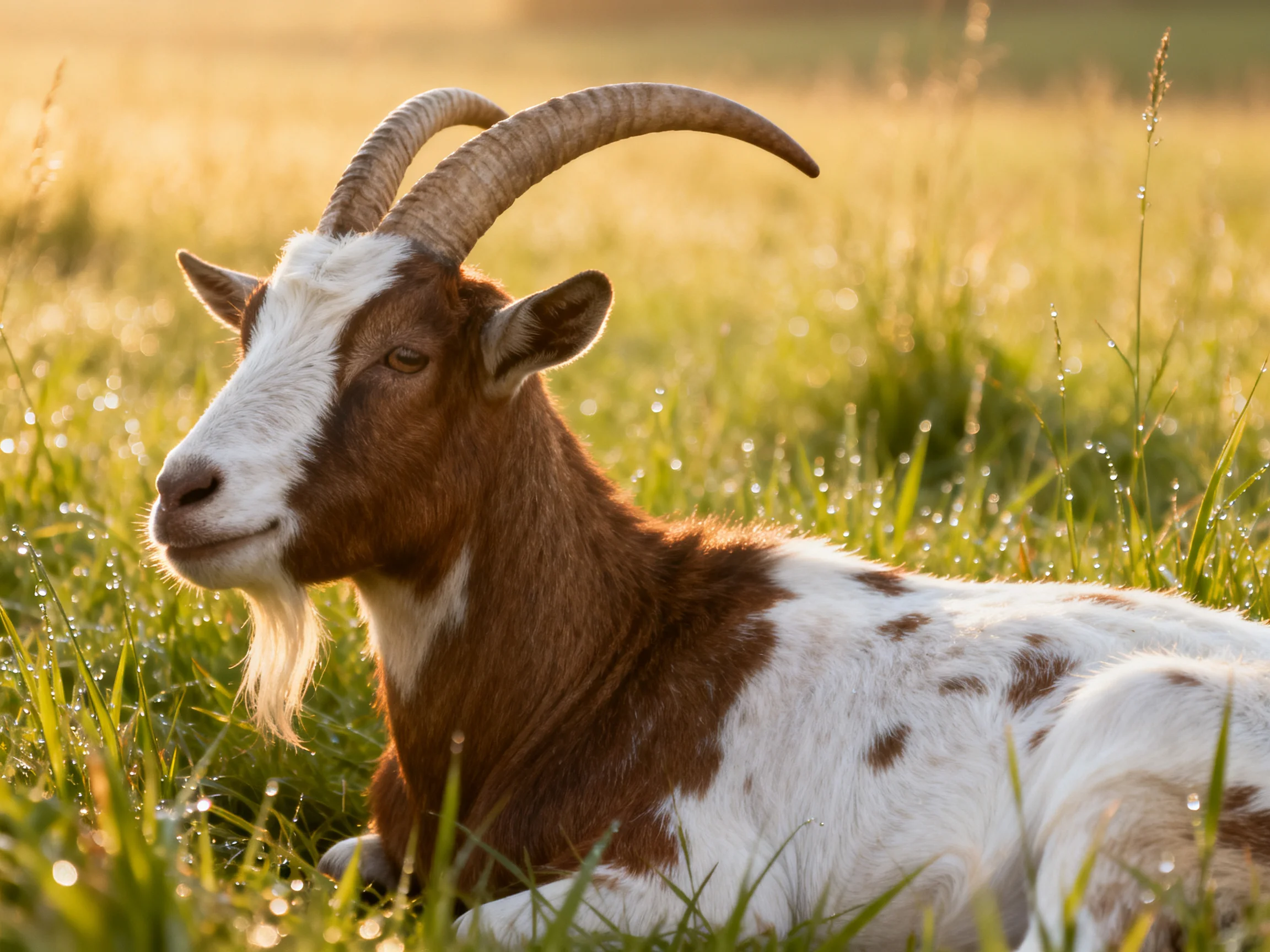 Brown and white goat resting in dewy grassy field
