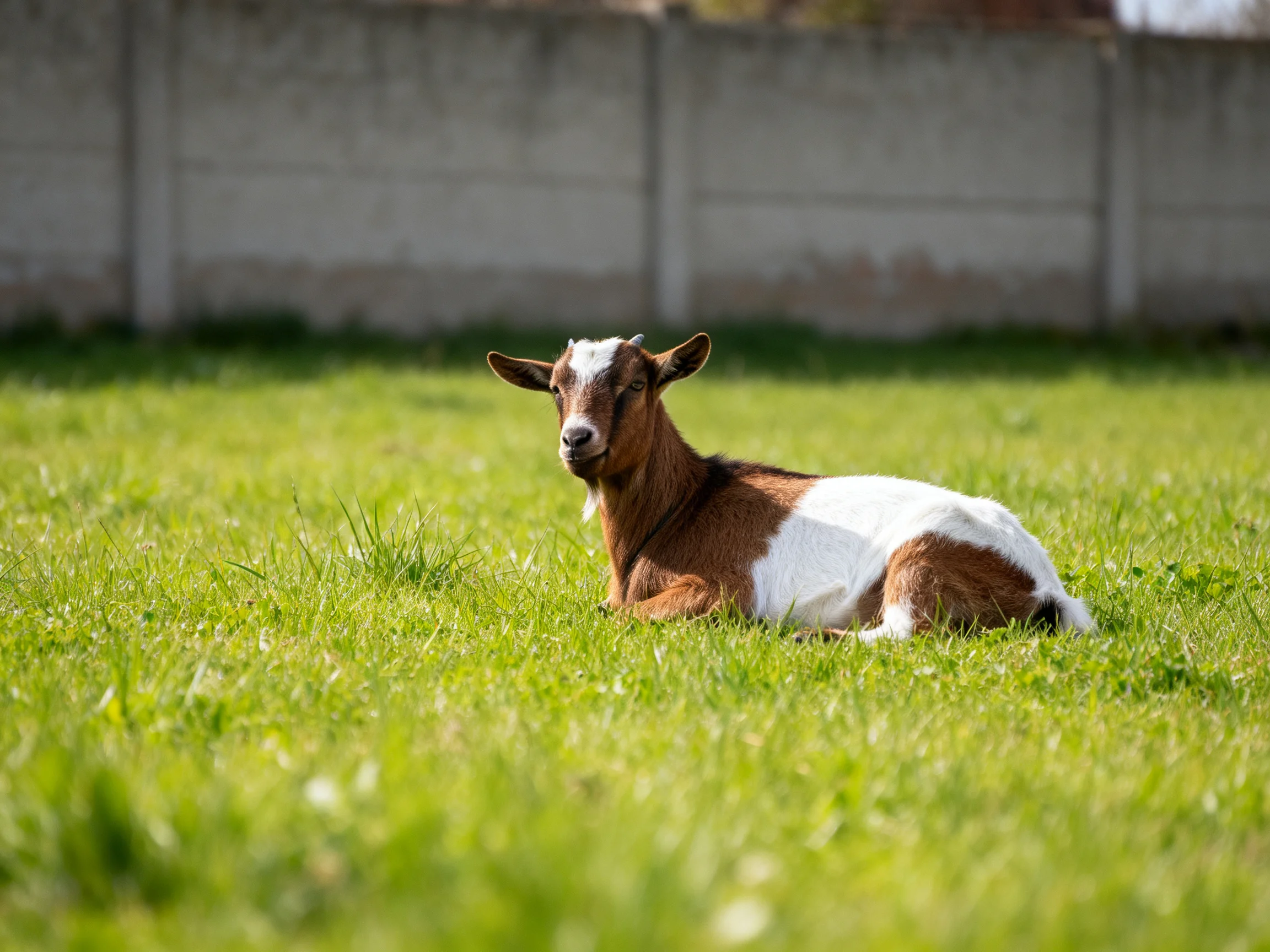 Brown and white goat resting on green grass near concrete fence