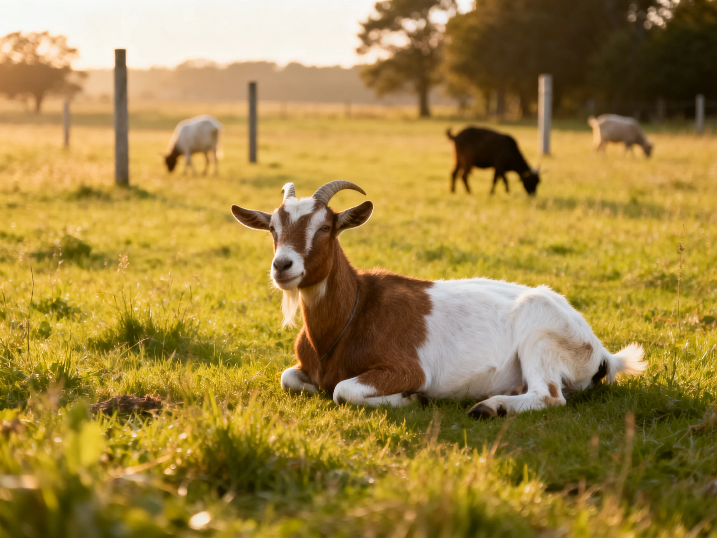 Brown and white goat resting; others graze in golden meadow