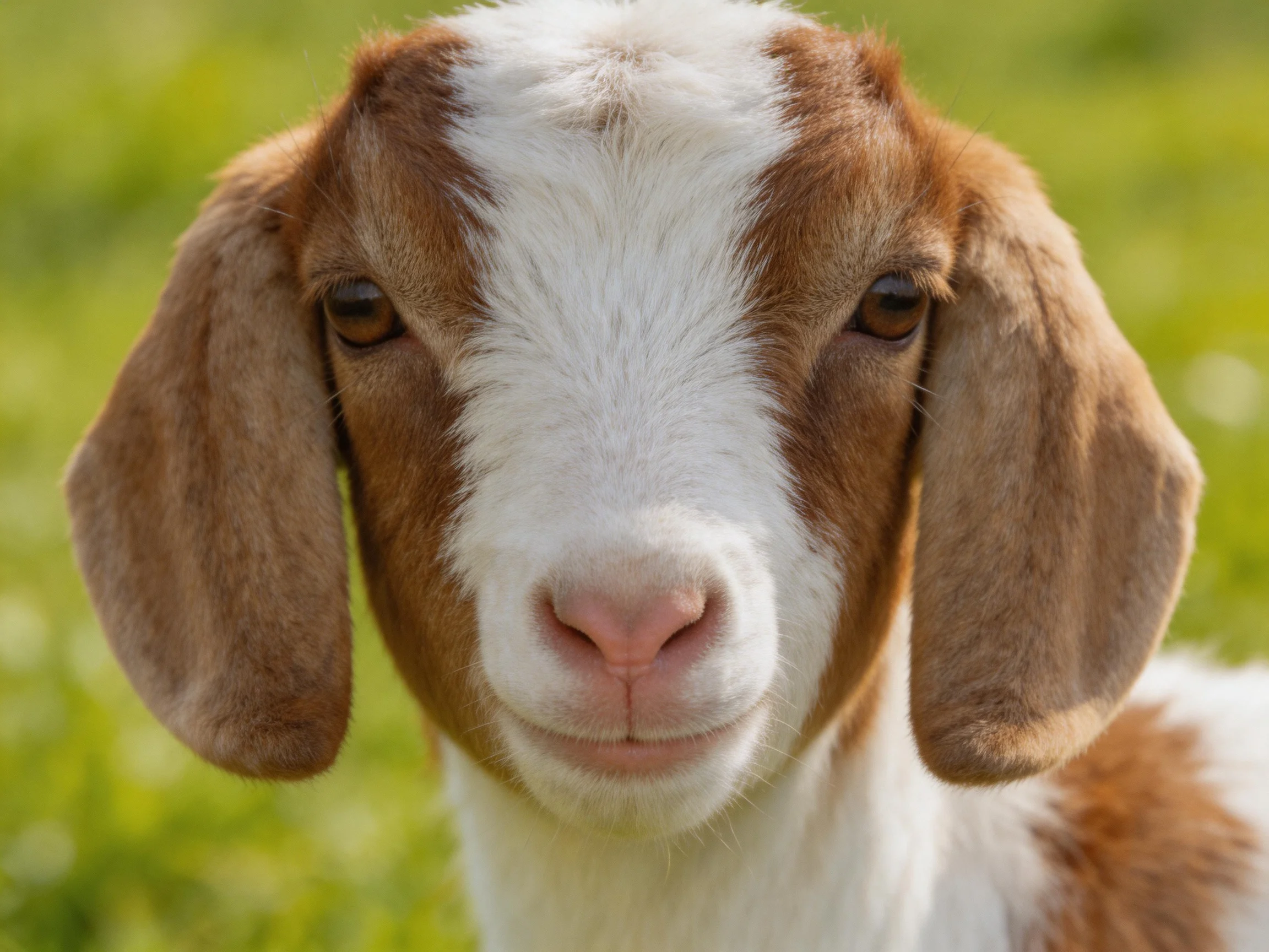 Brown and white goat with large ears in a green field