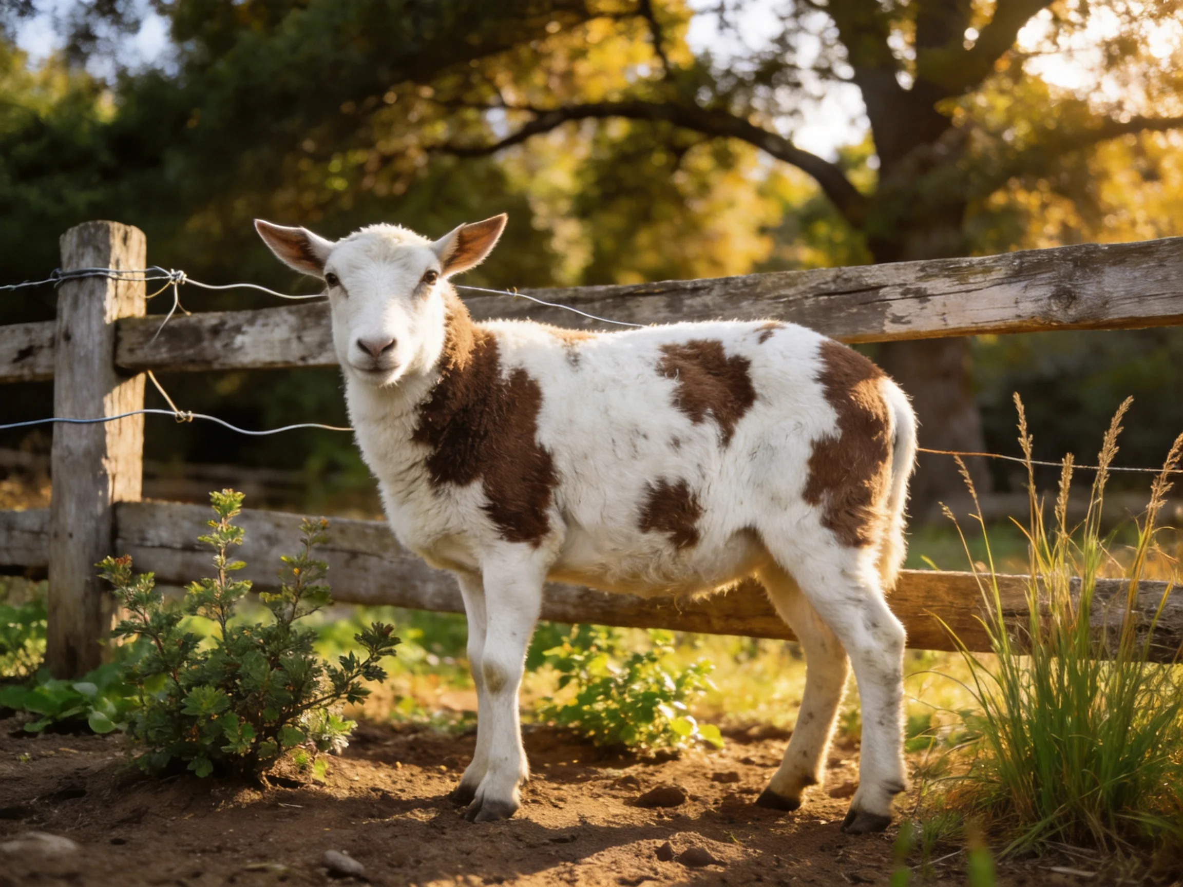 Brown-and-white lamb near weathered wooden fence under sunny trees