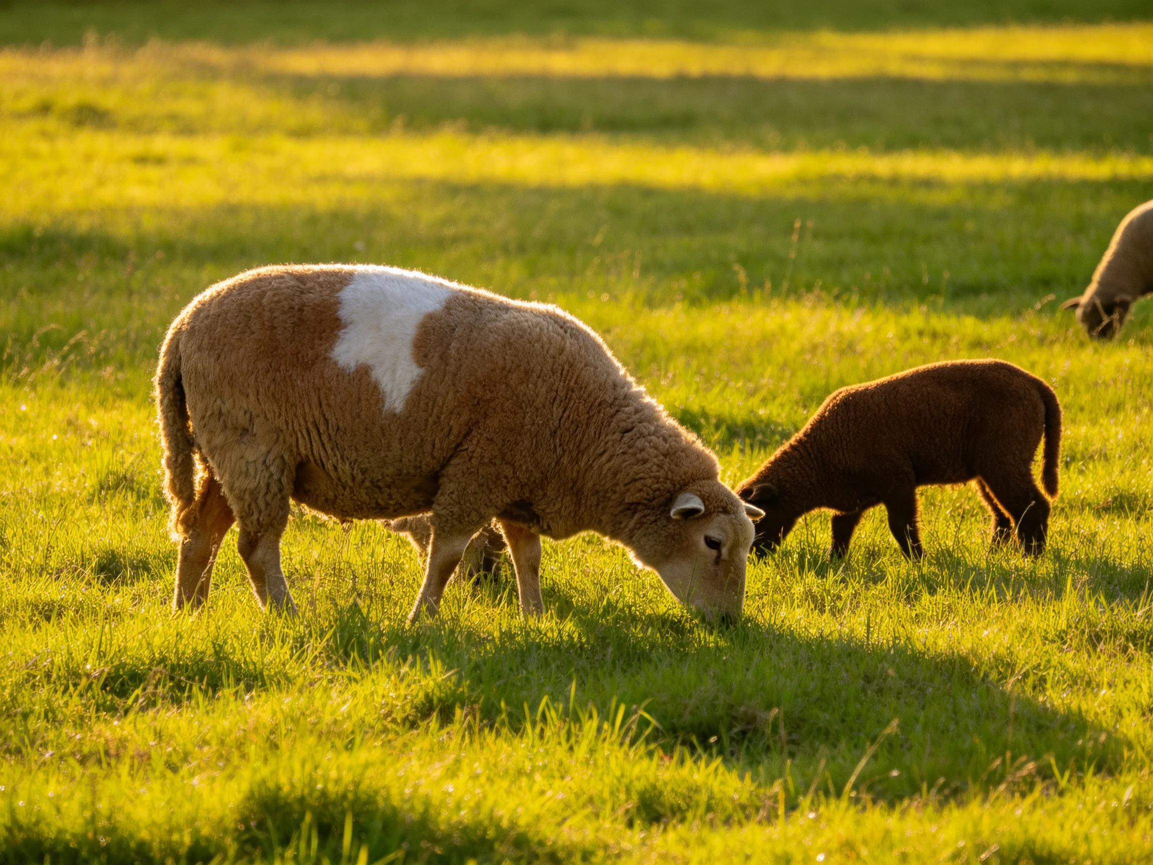 Brown and white sheep and dark lamb graze in sunlit pasture