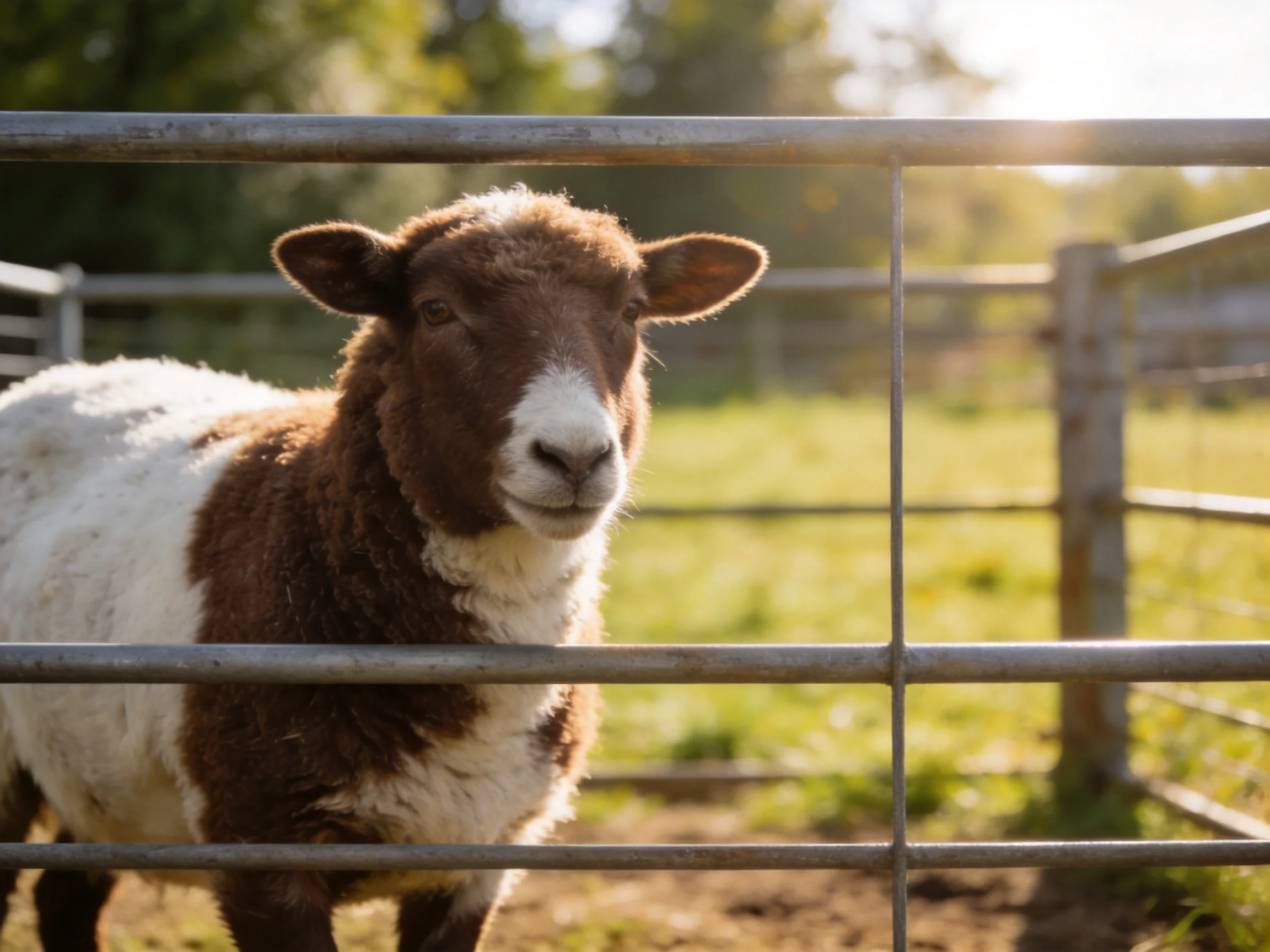 Brown and white sheep behind metal bars in sunlit enclosure