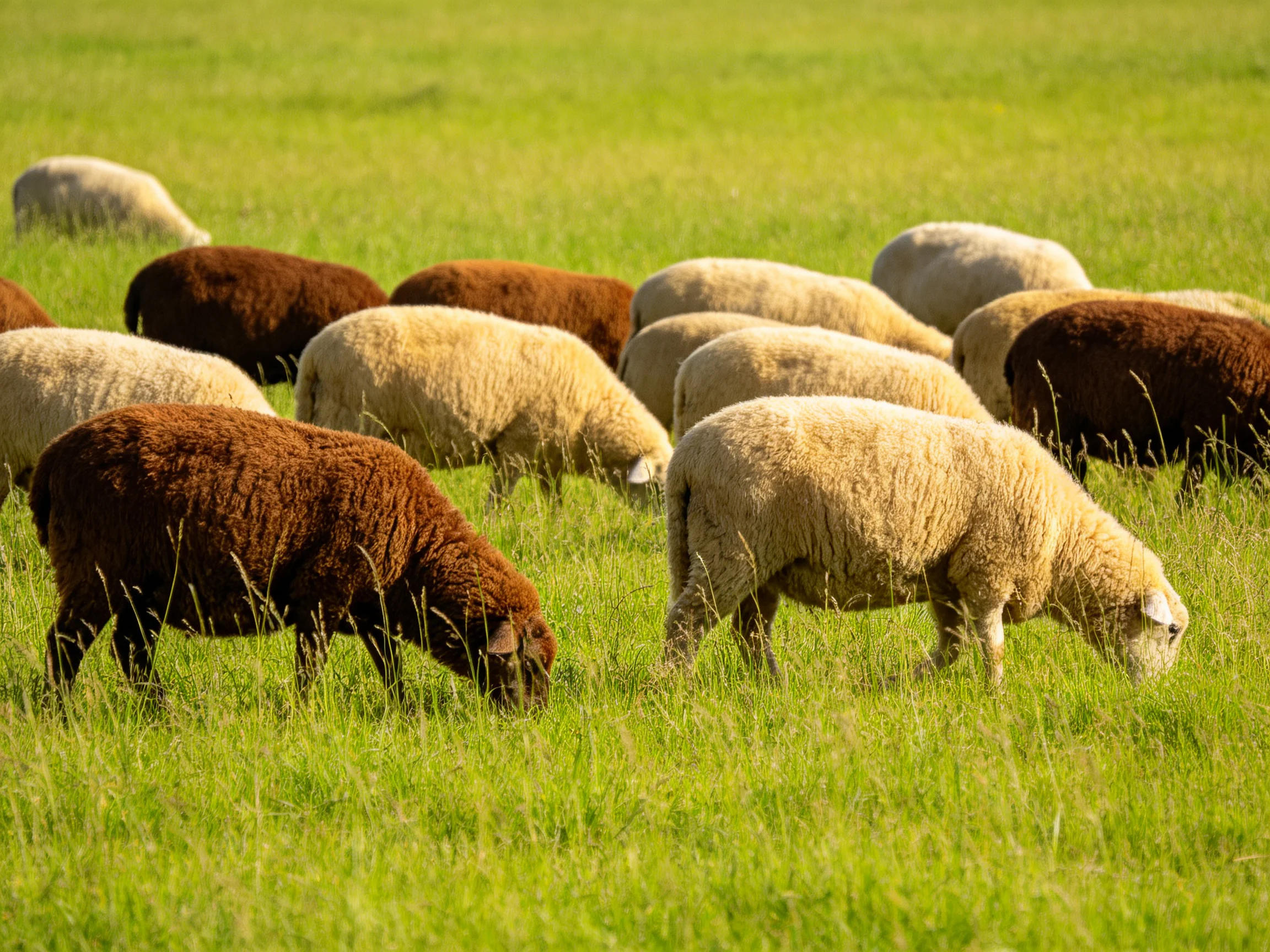 Mixed-colored sheep graze in a bright green pasture
