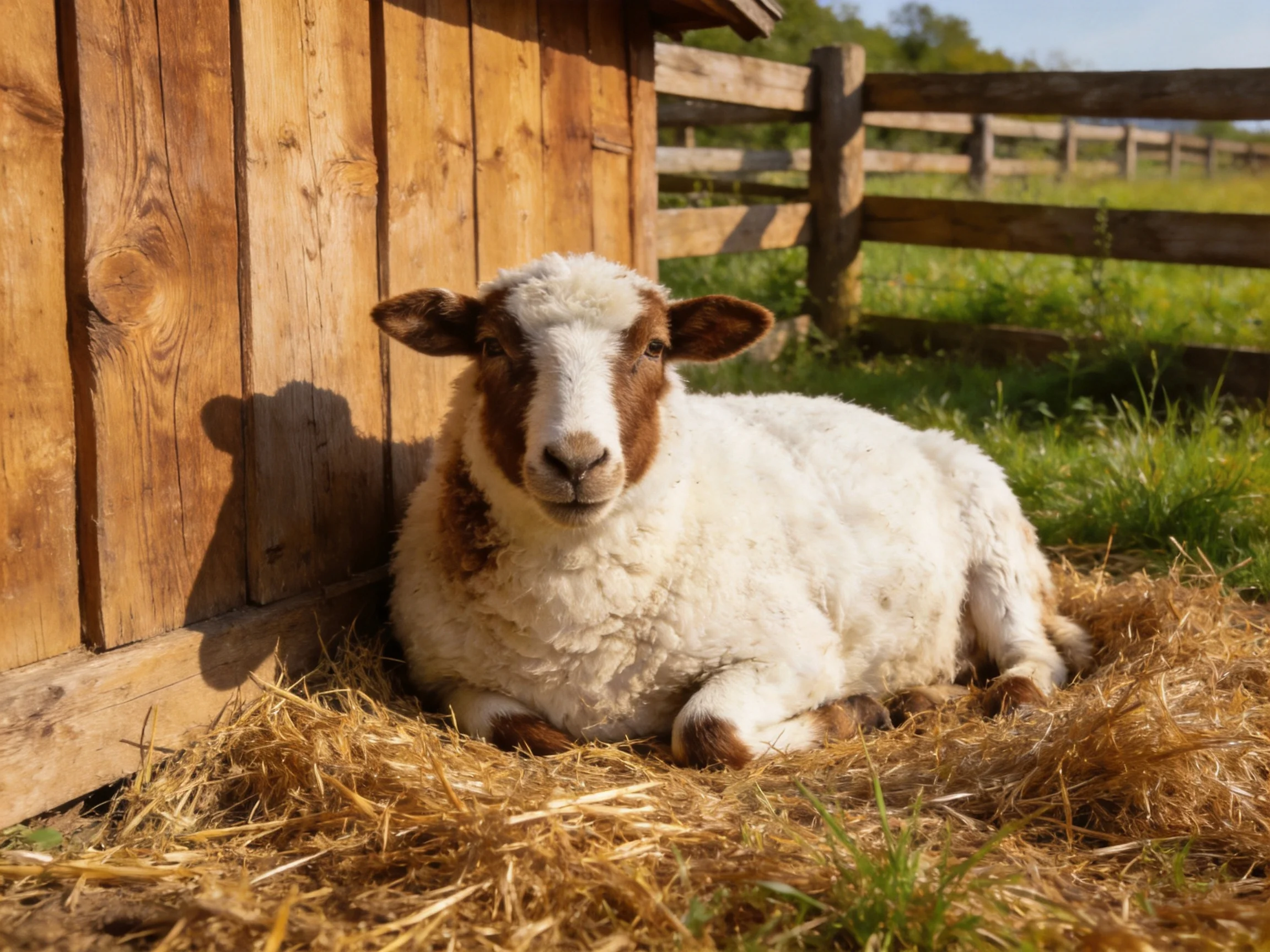 A brown-and-white sheep rests on golden straw near a wooden barn.