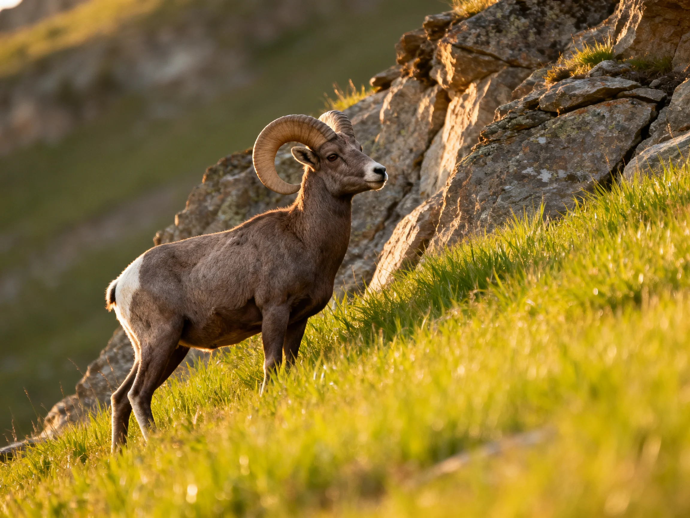 Brown bighorn sheep on a rocky hillside with lush green grass