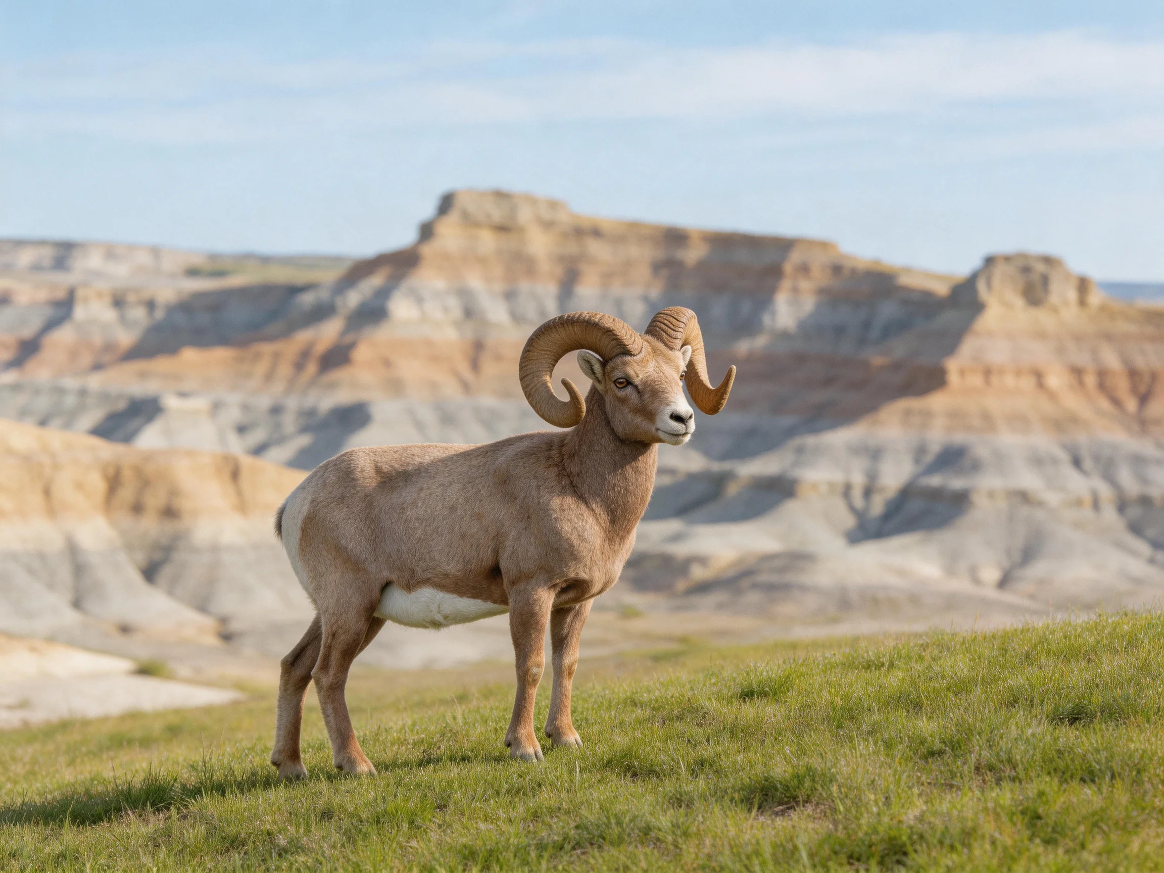 Brown bighorn sheep on green grass with layered rock formations